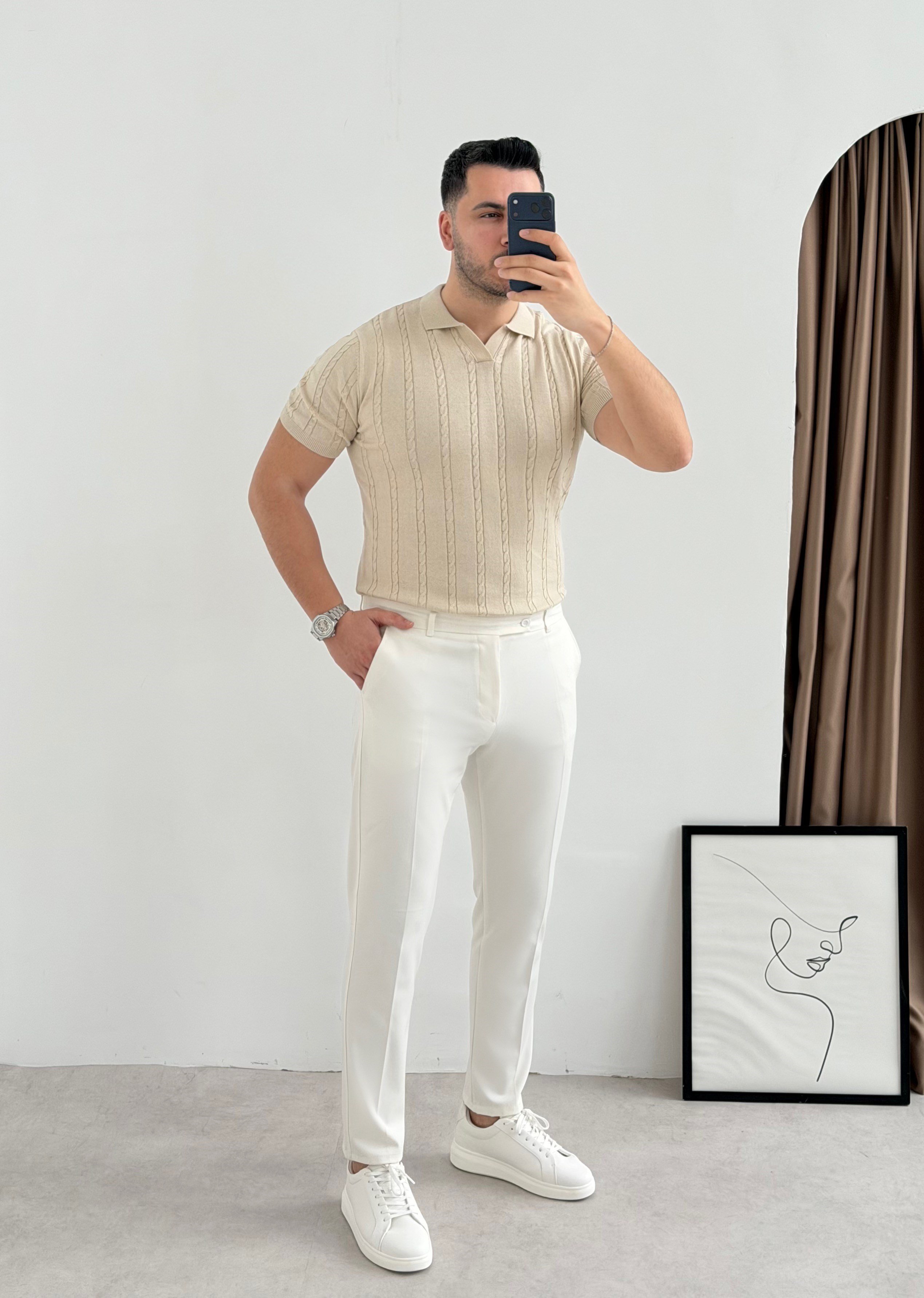 Saç Örgü Bej Örme Polo Yaka Tişört