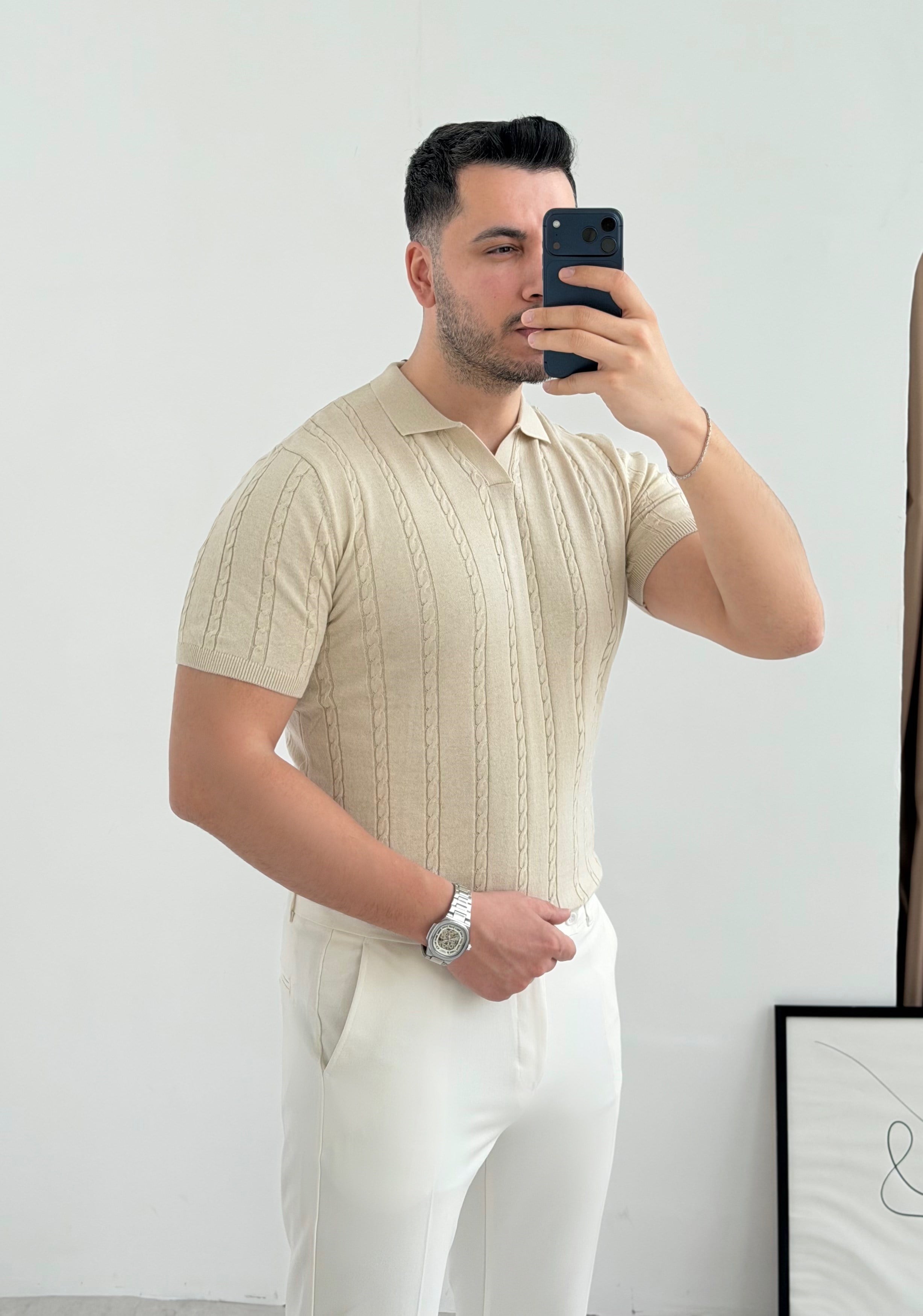 Saç Örgü Bej Örme Polo Yaka Tişört