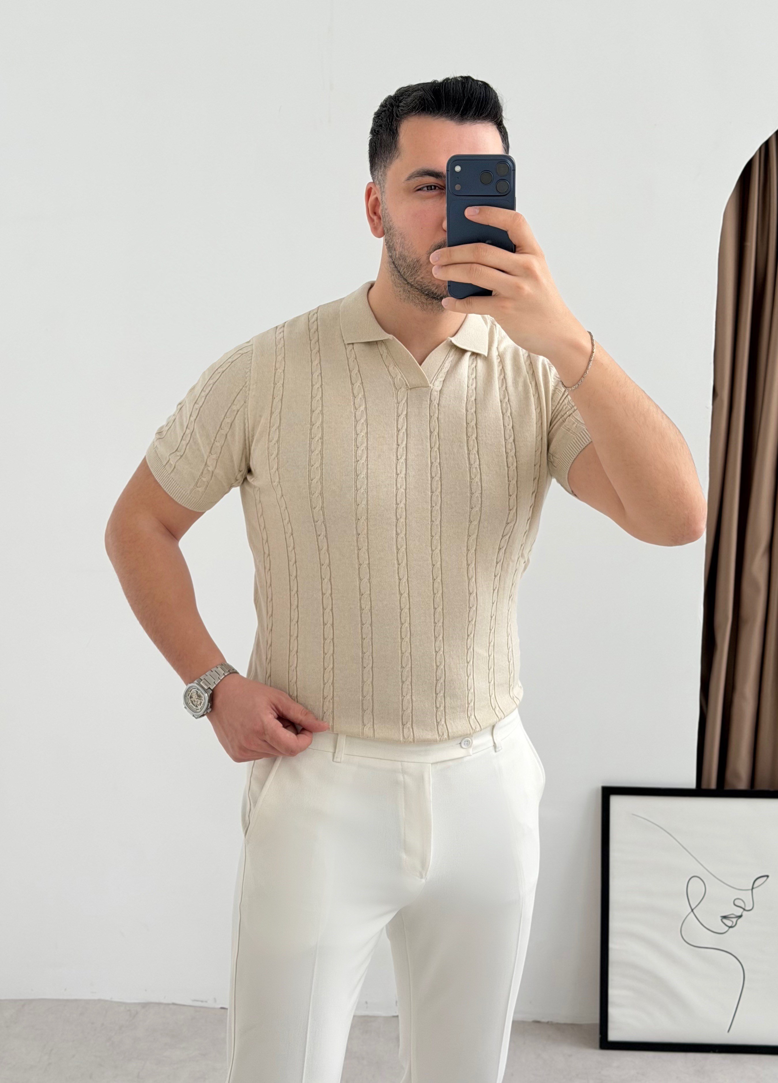 Saç Örgü Bej Örme Polo Yaka Tişört
