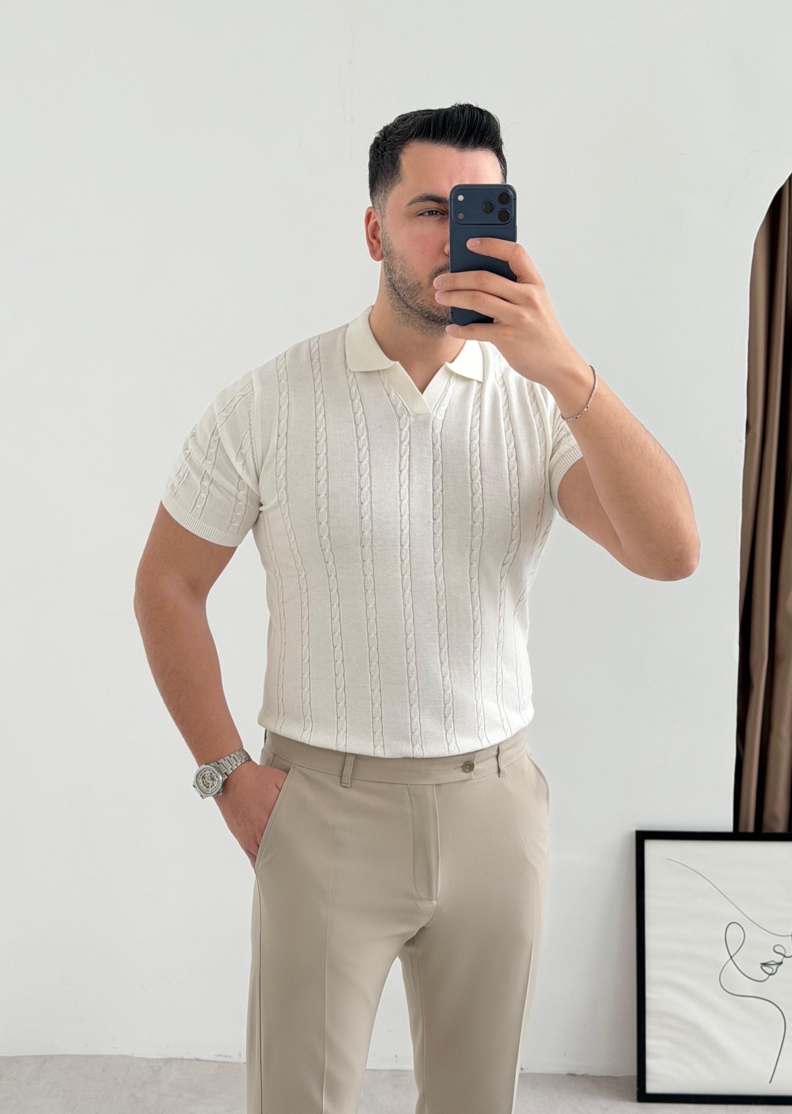 Saç Örgü Beyaz Örme Polo Yaka Tişört