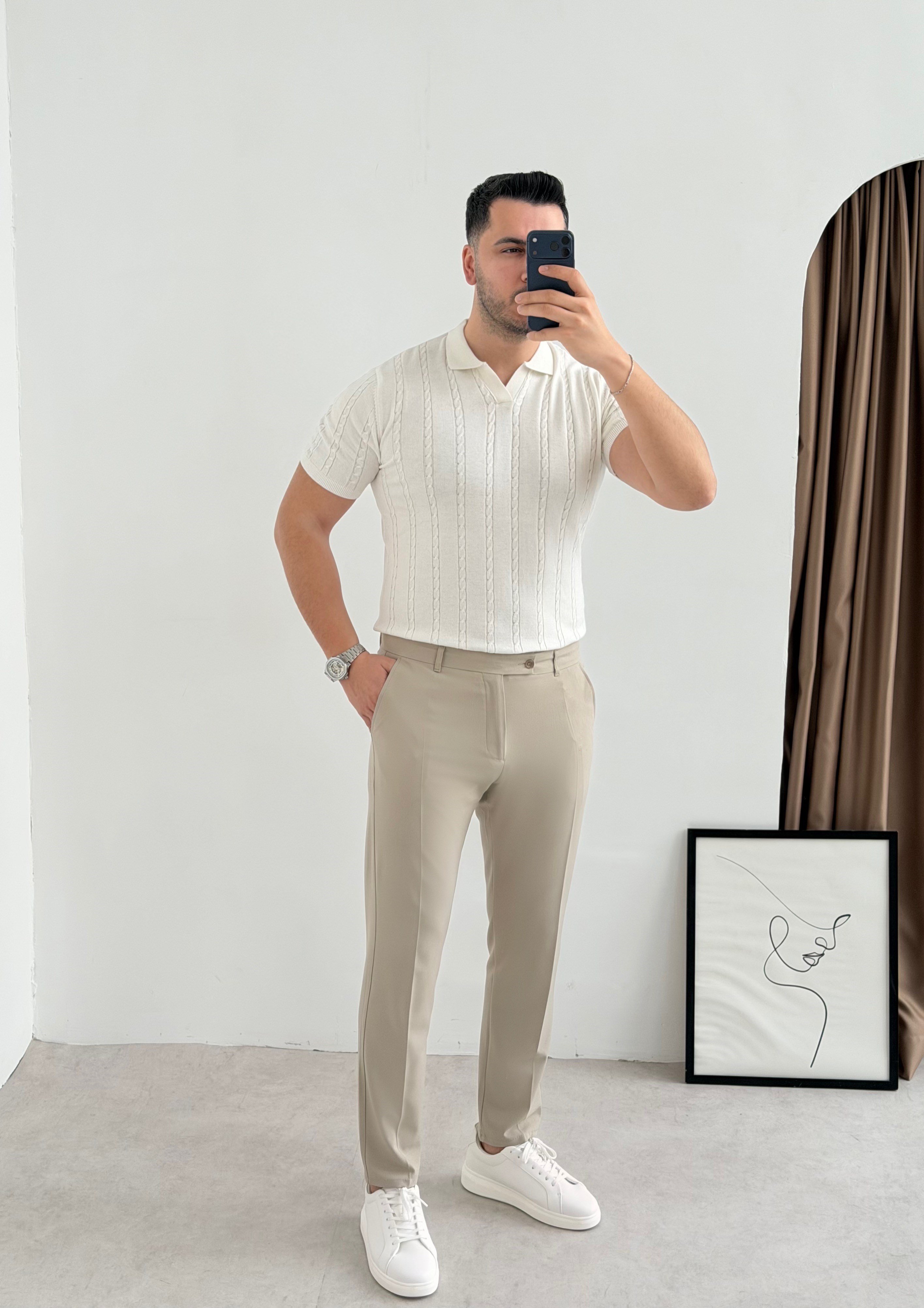 Saç Örgü Beyaz Örme Polo Yaka Tişört