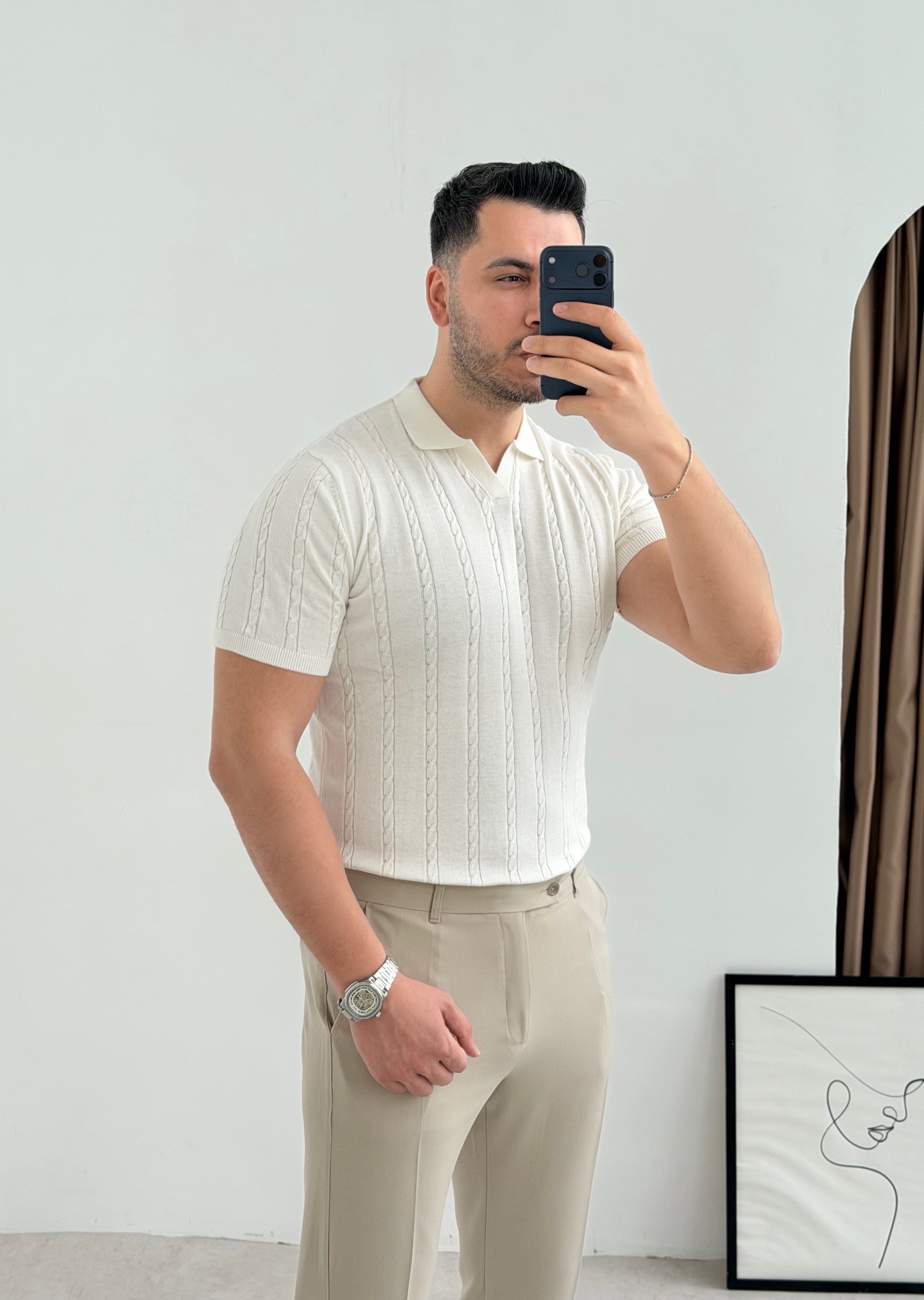 Saç Örgü Beyaz Örme Polo Yaka Tişört