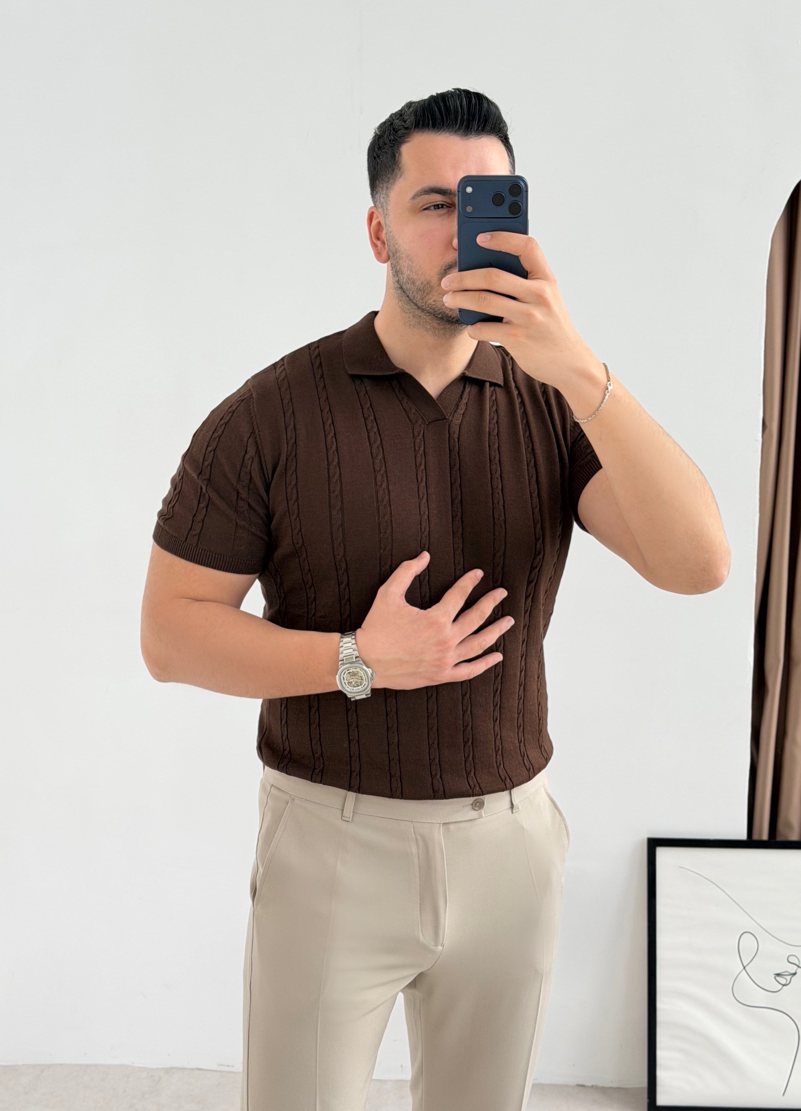 Saç Örgü Kahve Örme Polo Yaka Tişört