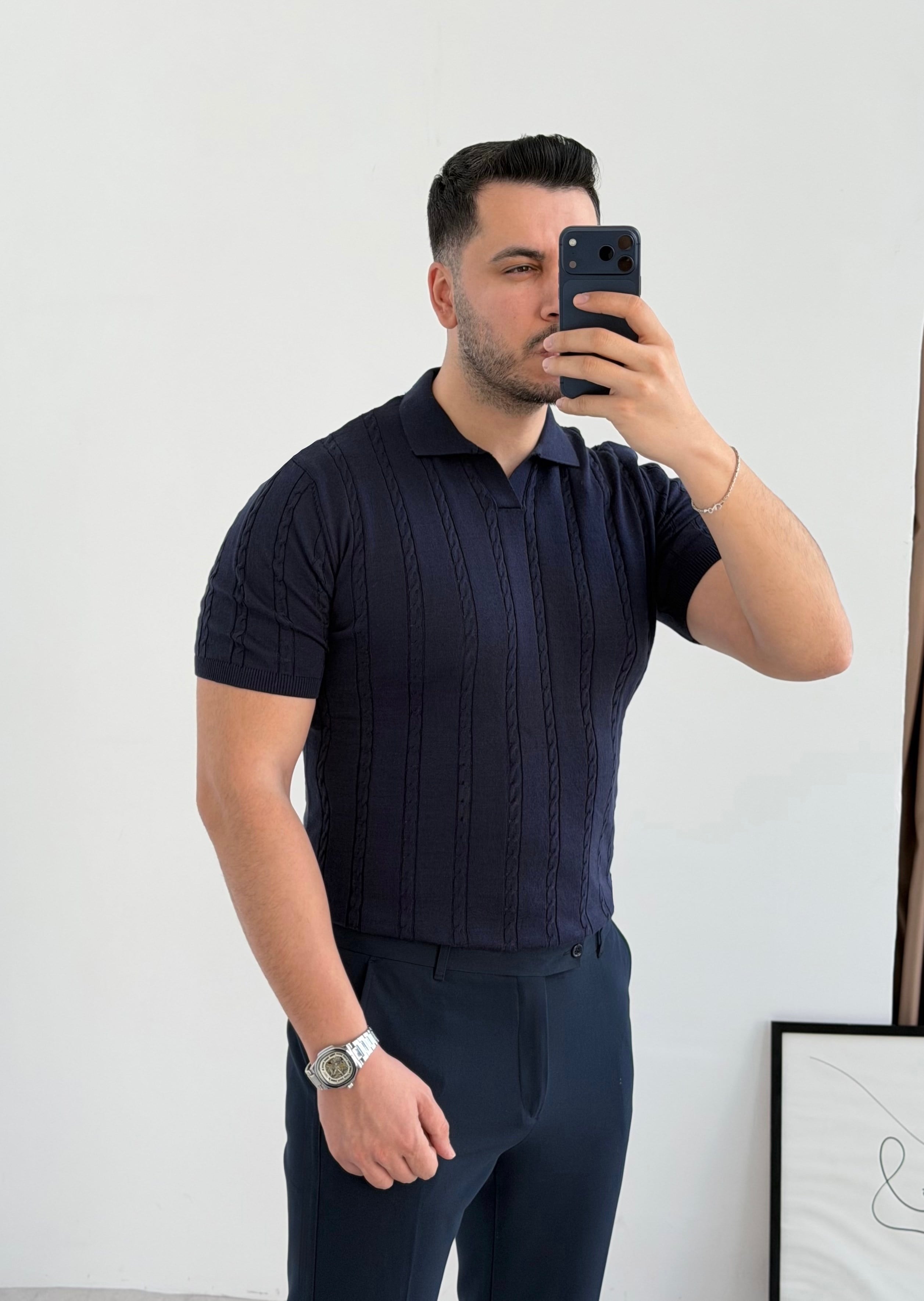 Saç Örgü Lacivert Örme Polo Yaka Tişört