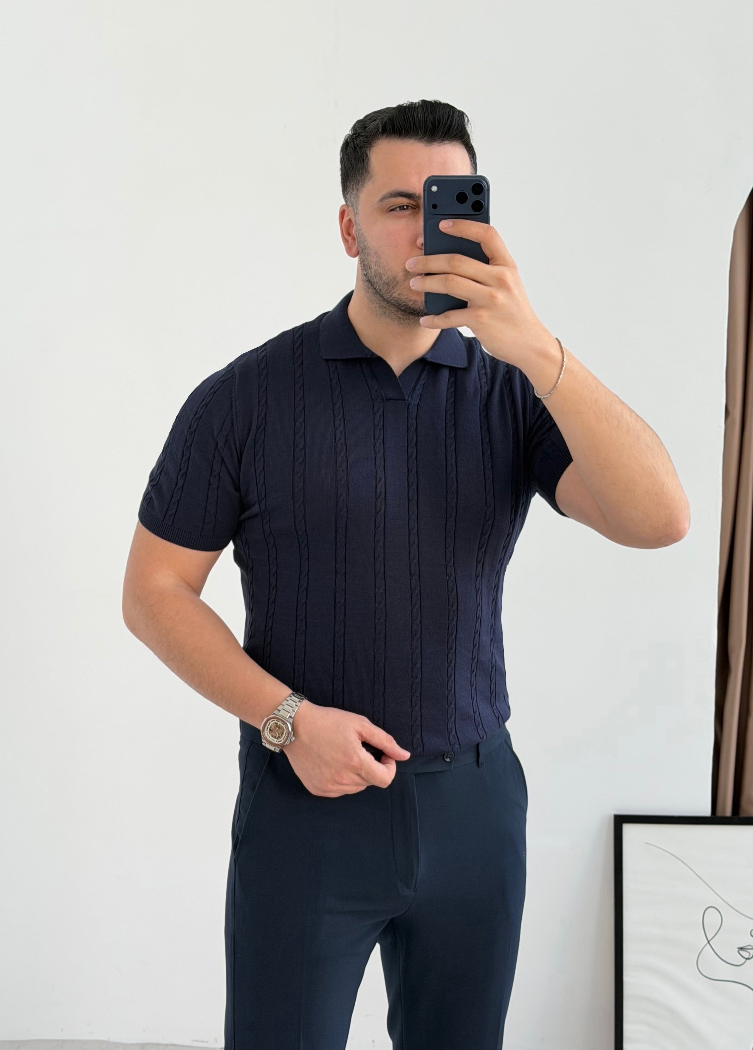 Saç Örgü Lacivert Örme Polo Yaka Tişört