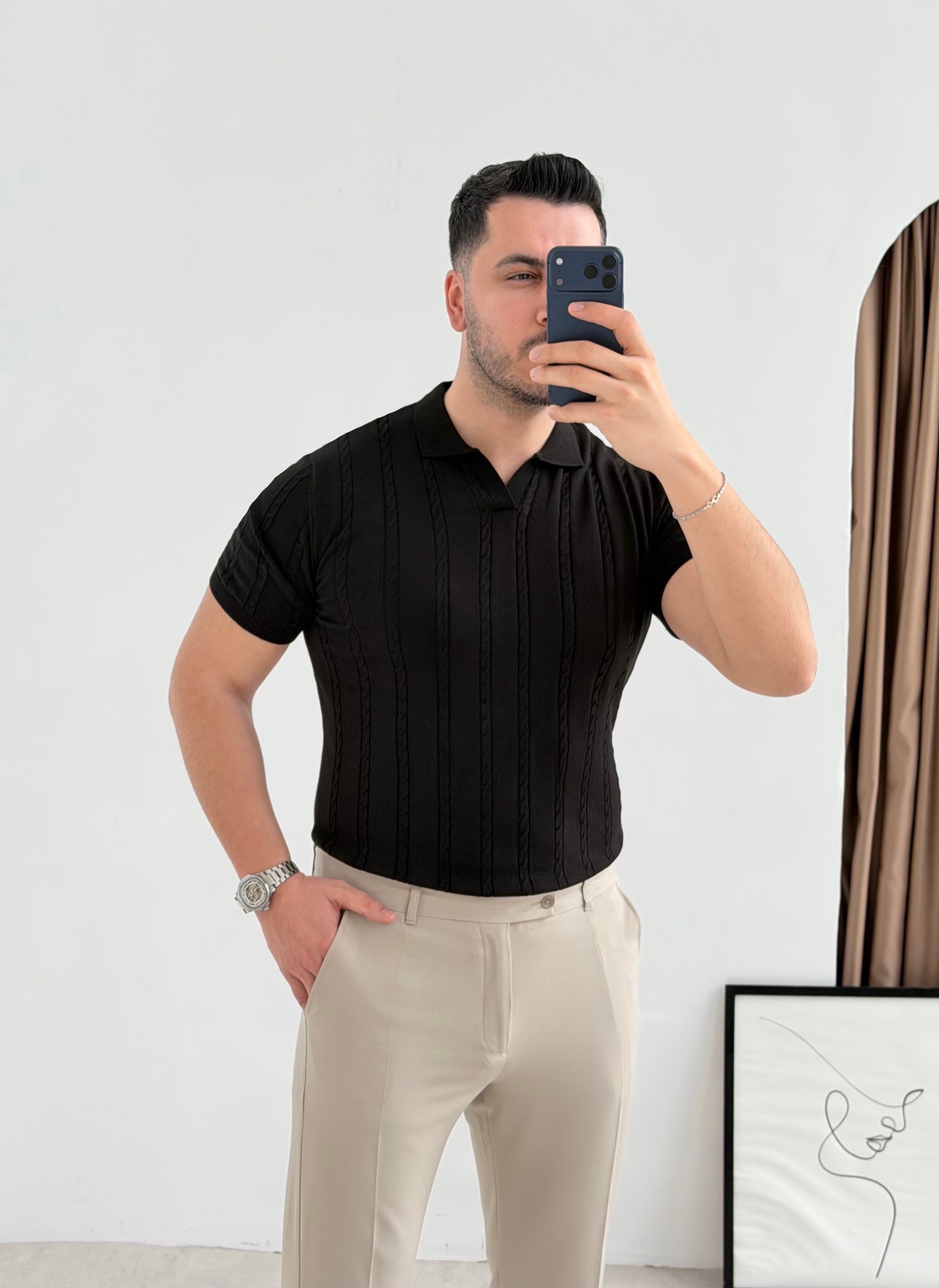 Saç Örgü Siyah Örme Polo Yaka Tişört