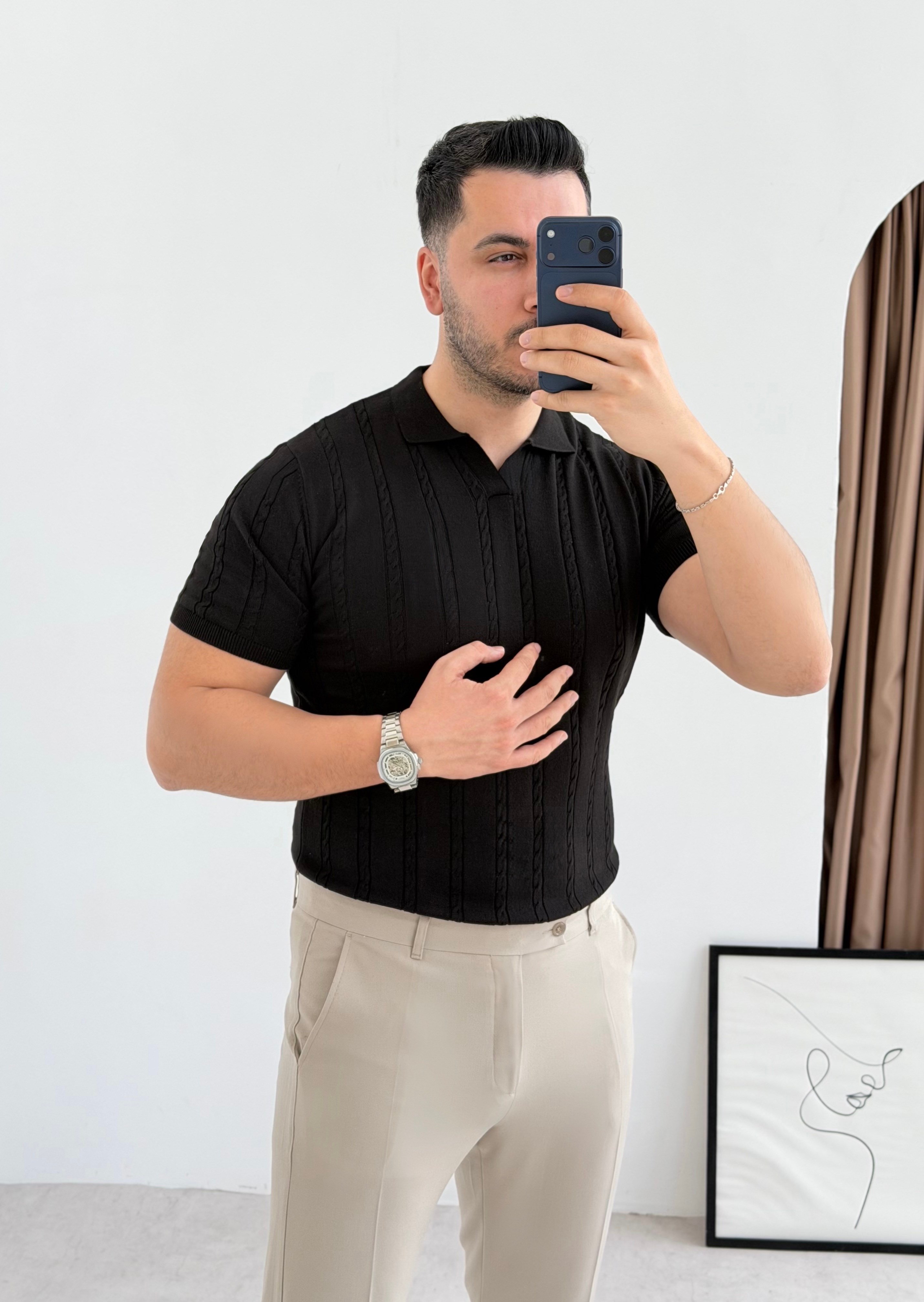 Saç Örgü Siyah Örme Polo Yaka Tişört