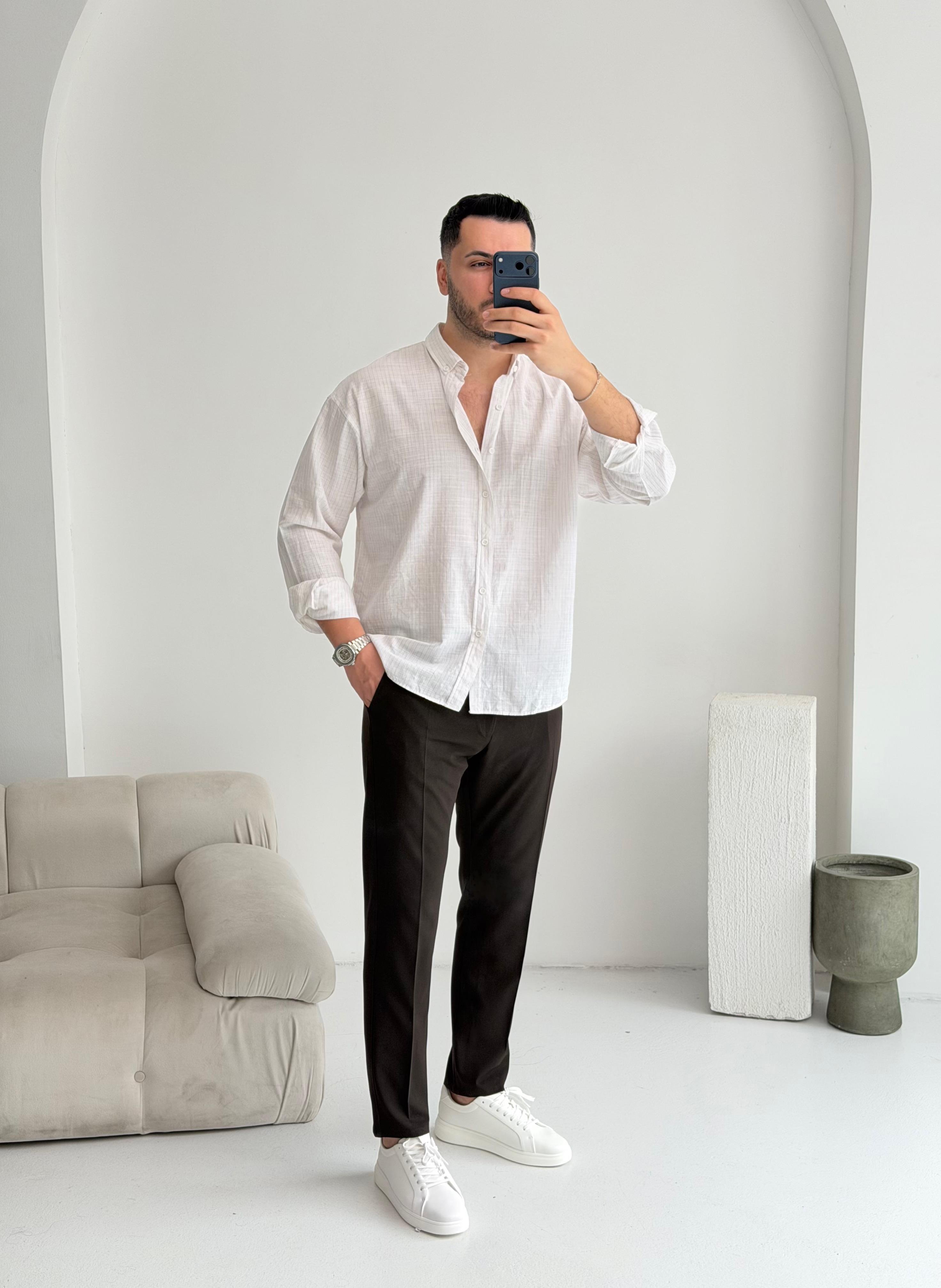 Sante Kahve İnce Çizgili Oversize Keten Gömlek