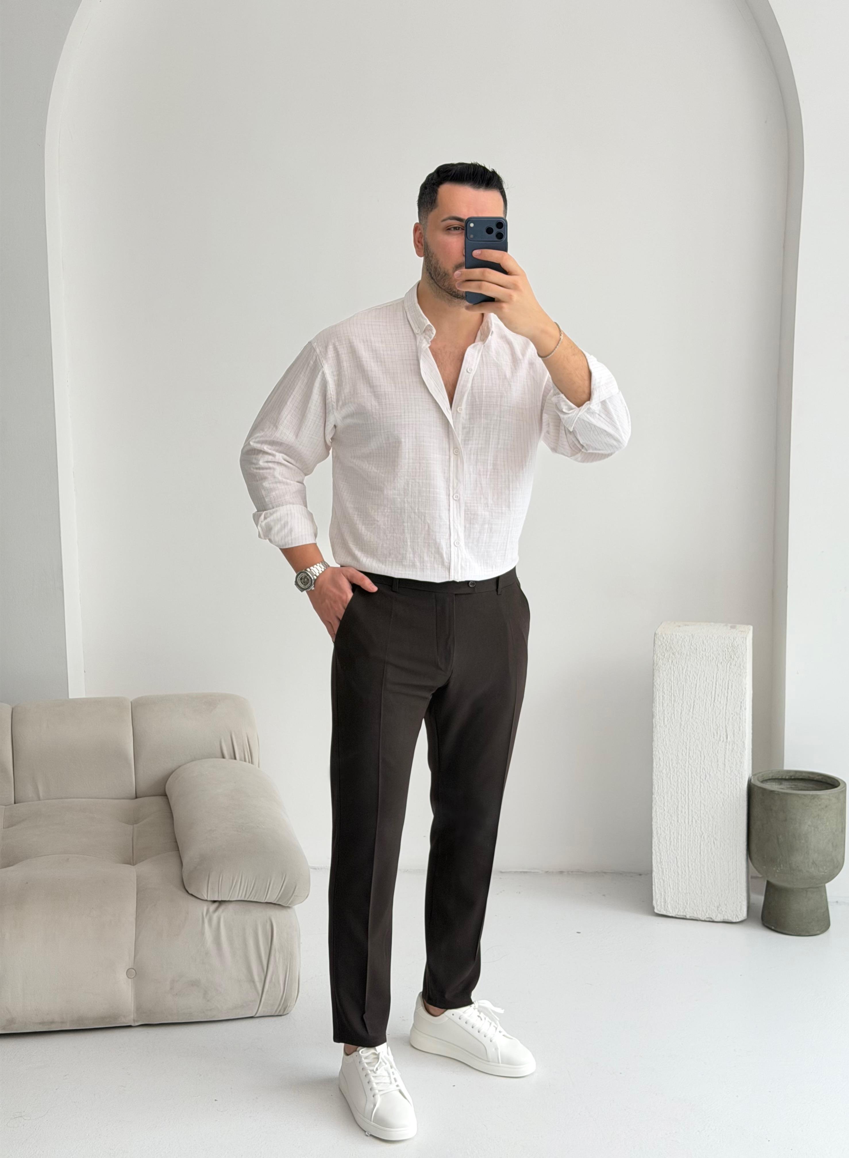 Sante Kahve İnce Çizgili Oversize Keten Gömlek