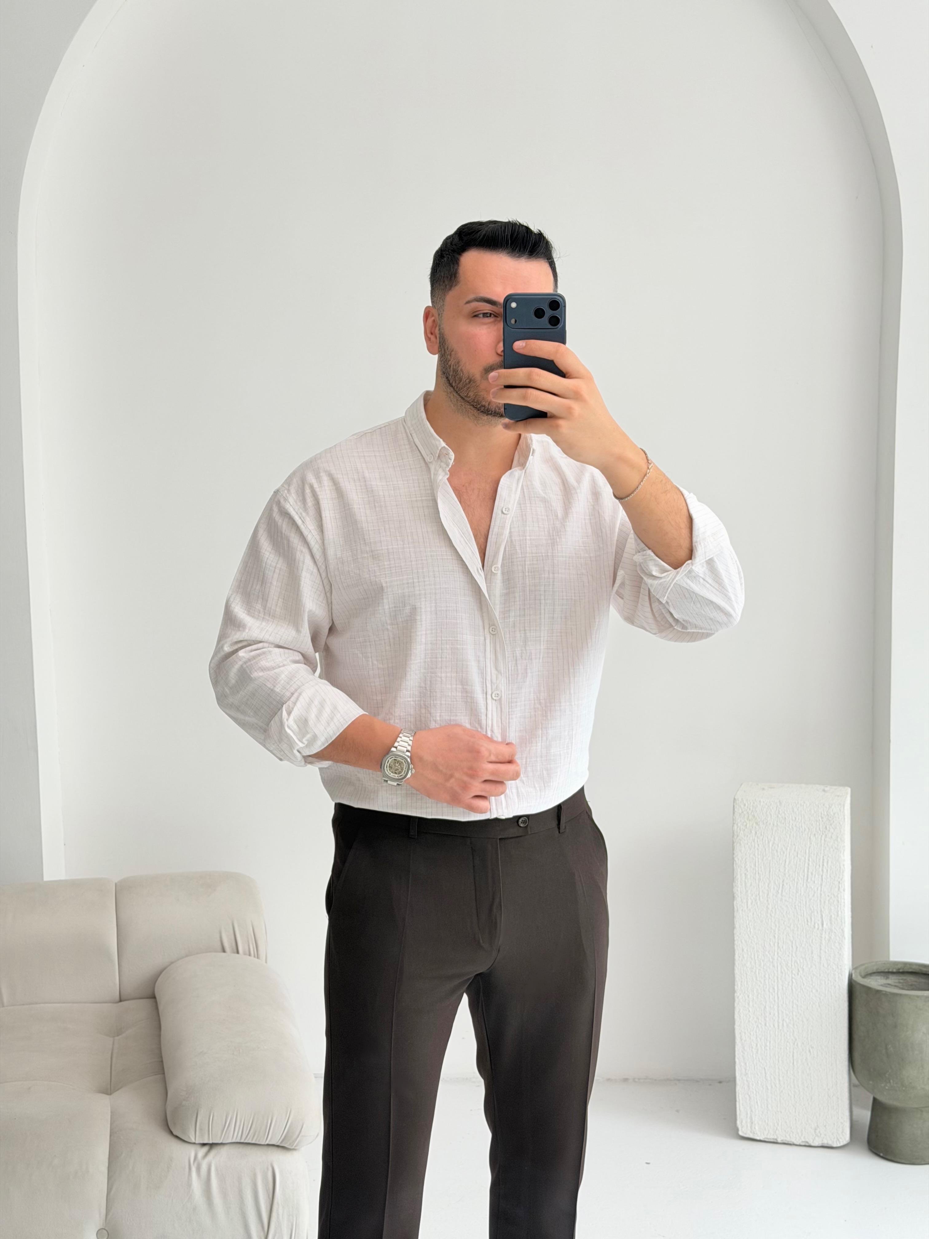 Sante Kahve İnce Çizgili Oversize Keten Gömlek