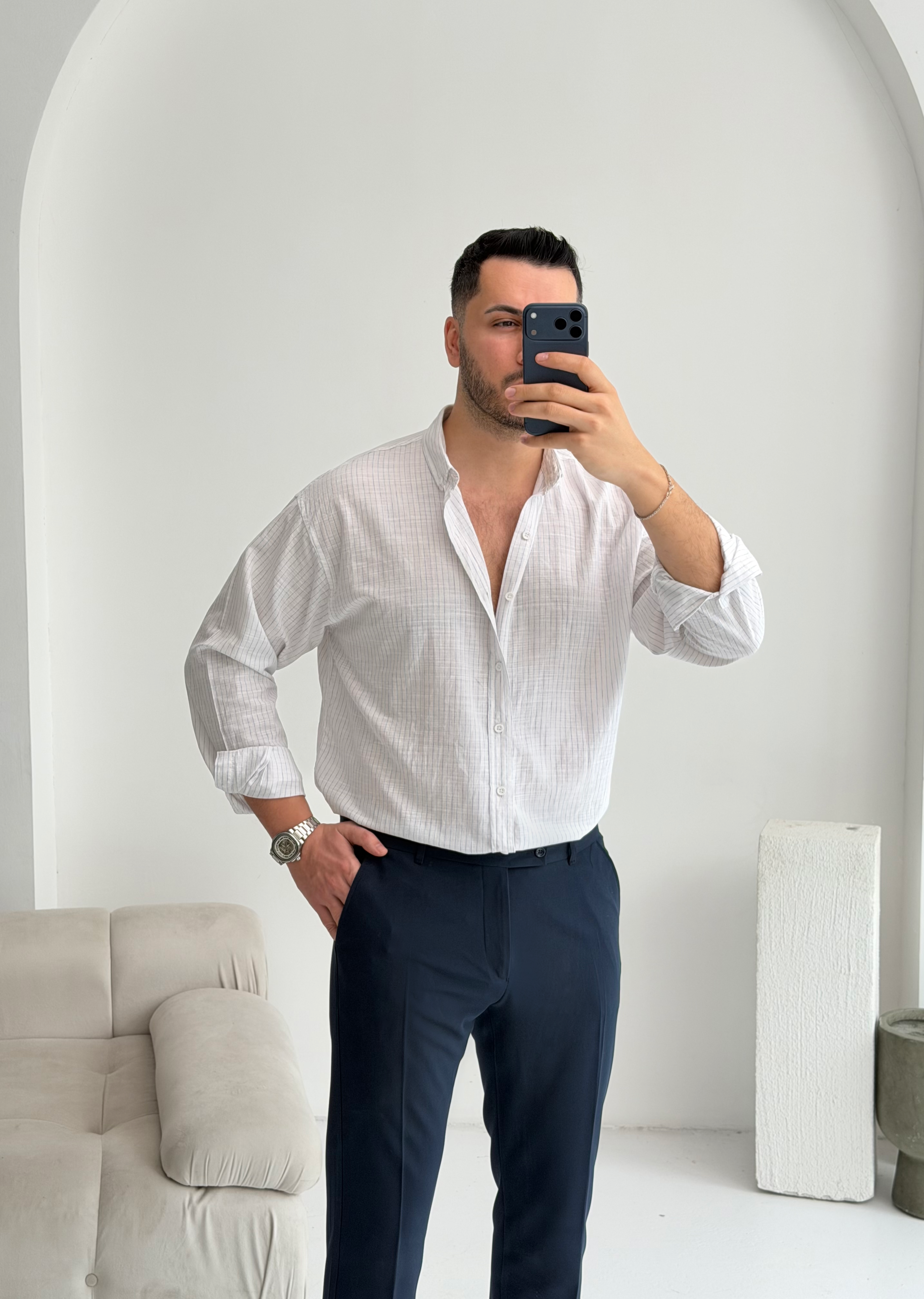 Sante Mavi İnce Çizgili Oversize Keten Gömlek