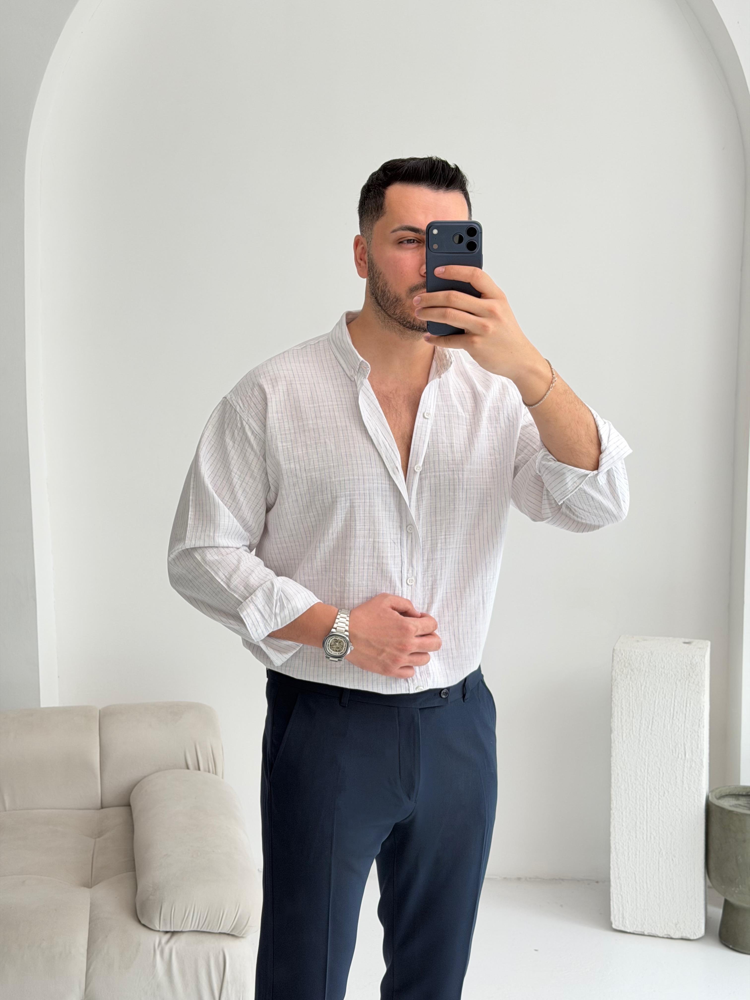 Sante Mavi İnce Çizgili Oversize Keten Gömlek