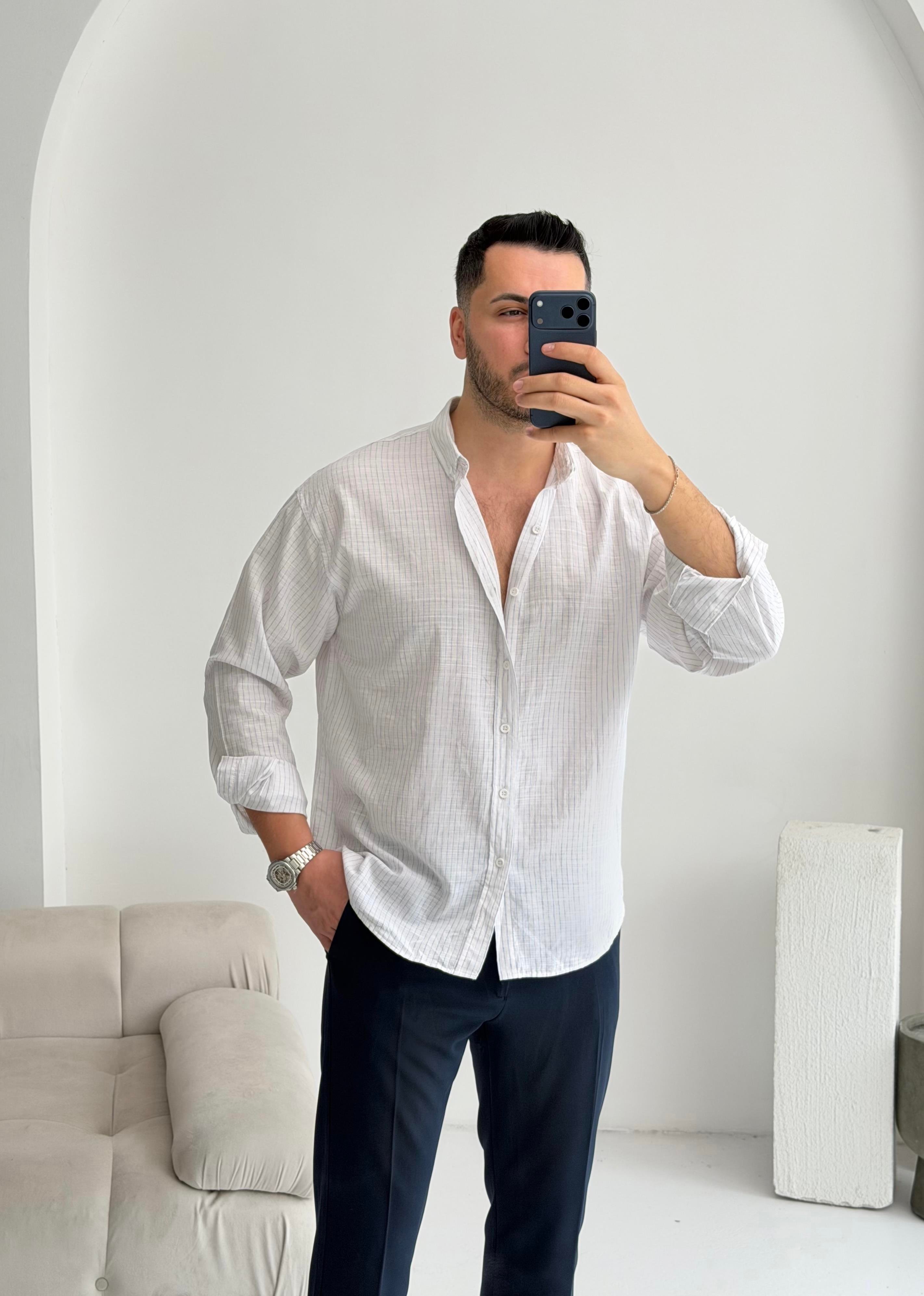 Sante Mavi İnce Çizgili Oversize Keten Gömlek