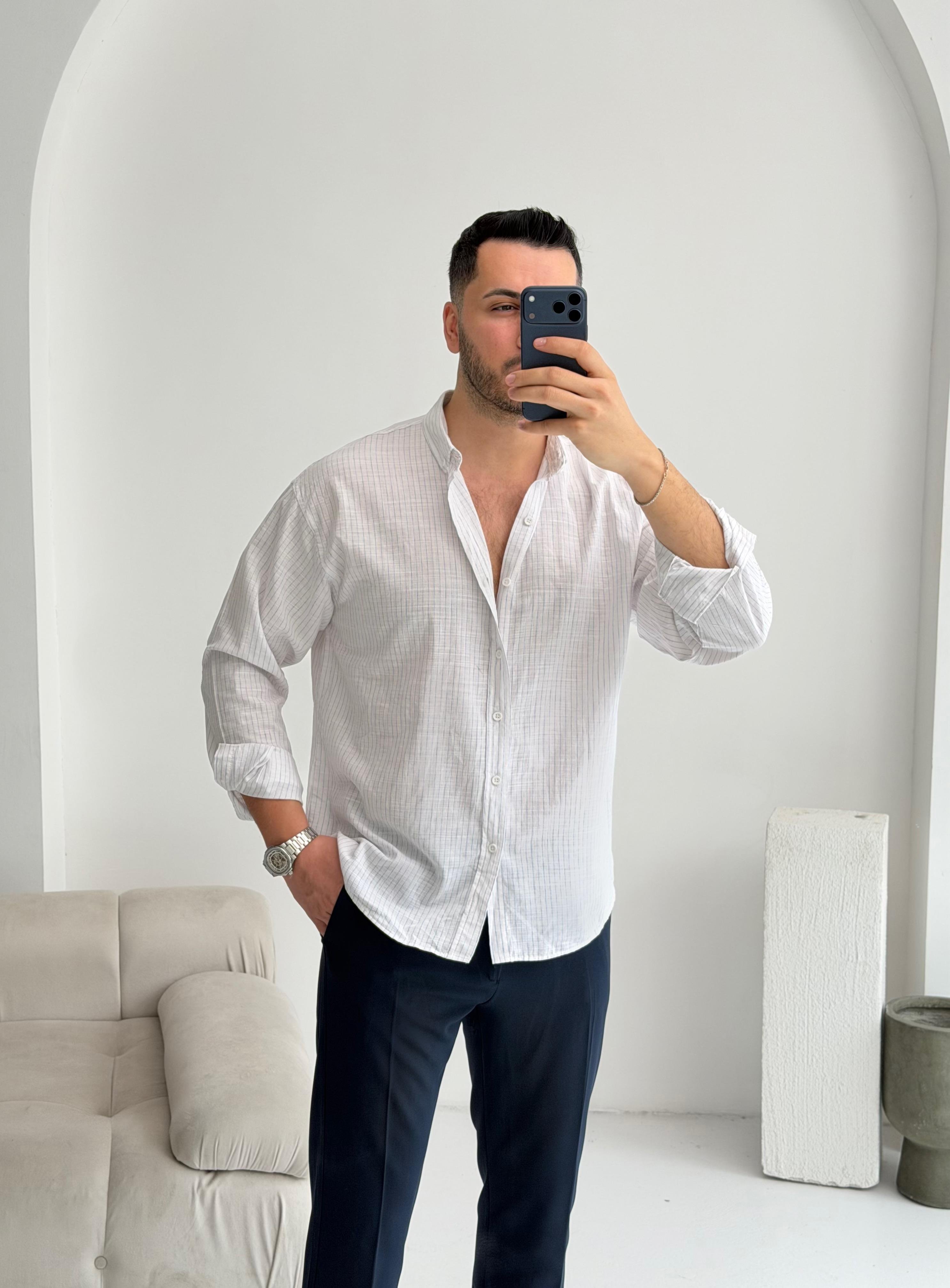 Sante Mavi İnce Çizgili Oversize Keten Gömlek