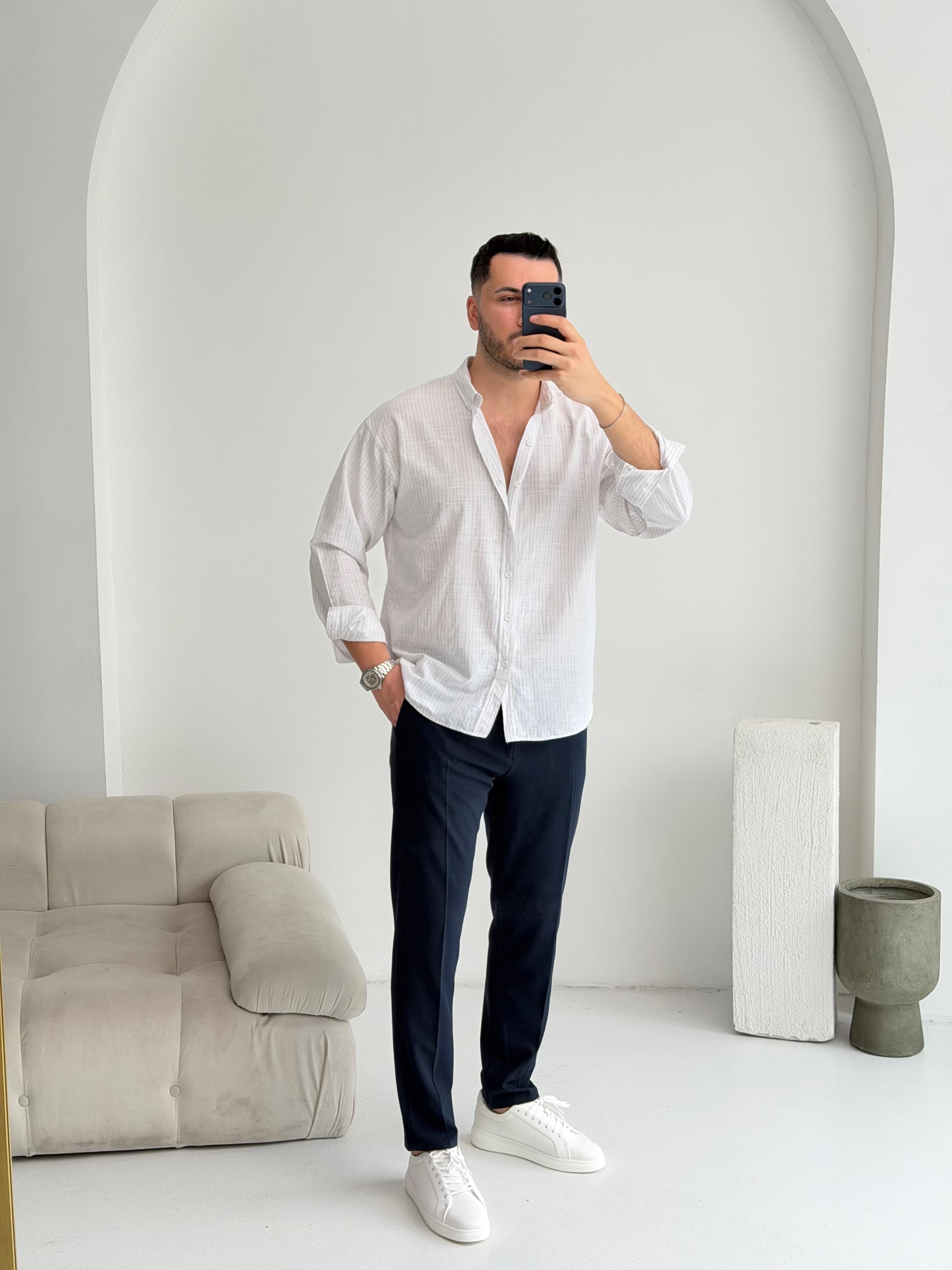 Sante Mavi İnce Çizgili Oversize Keten Gömlek
