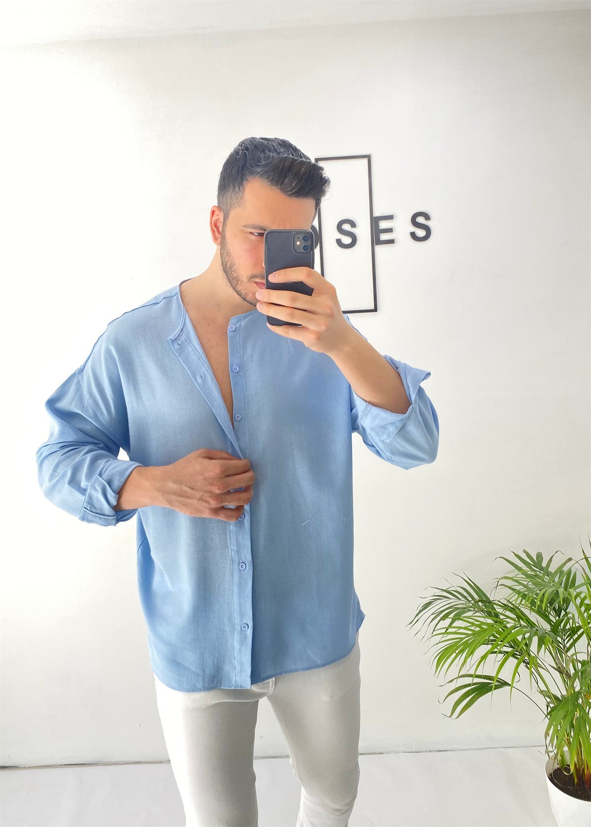 Sıfır Yaka Mavi Oversize Keten Gömlek 