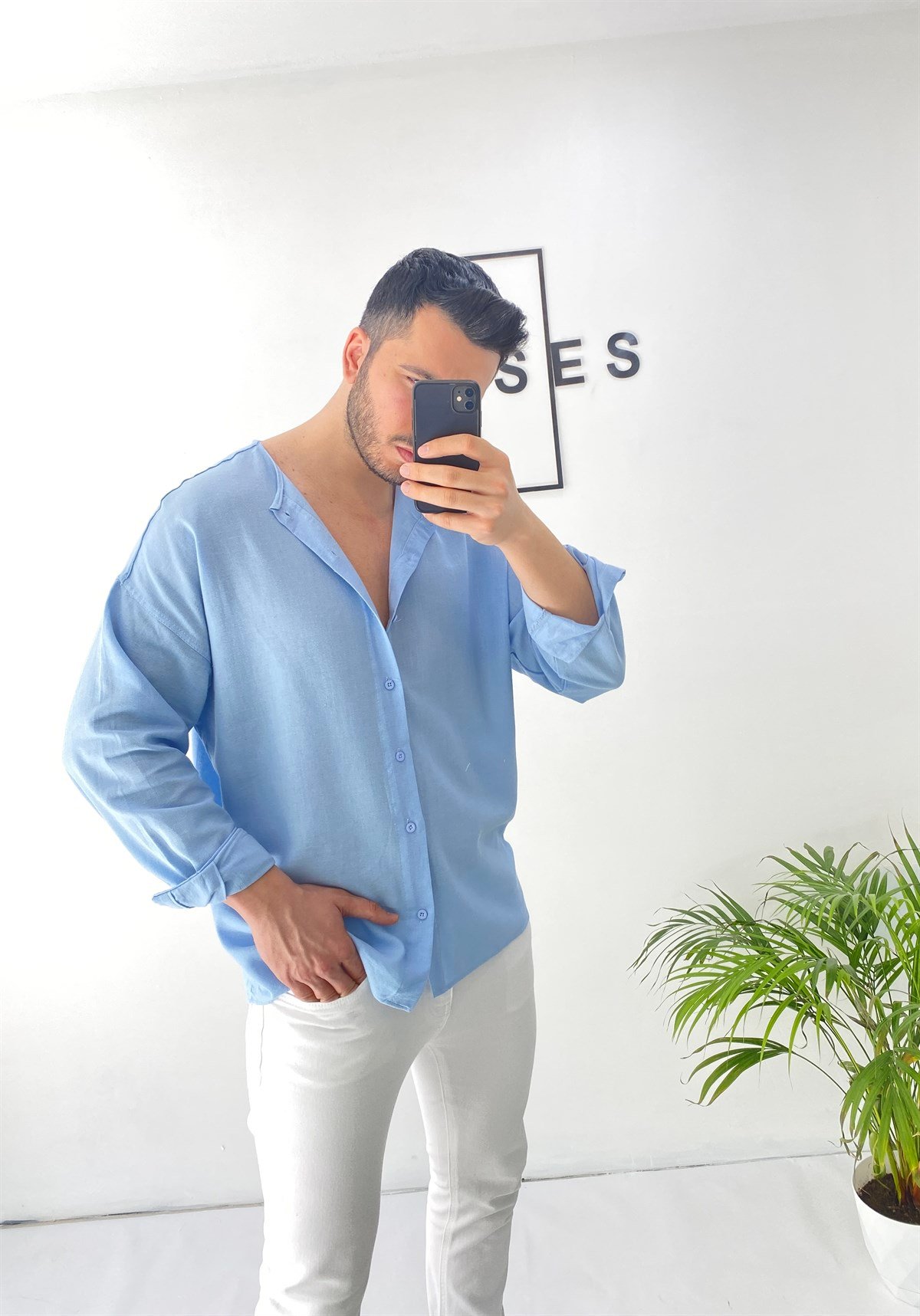 Sıfır Yaka Mavi Oversize Keten Gömlek 