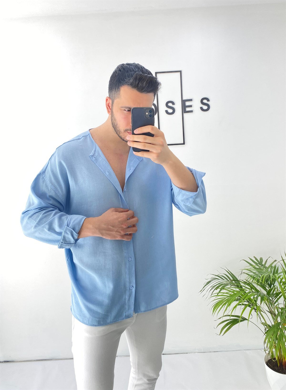 Sıfır Yaka Mavi Oversize Keten Gömlek 