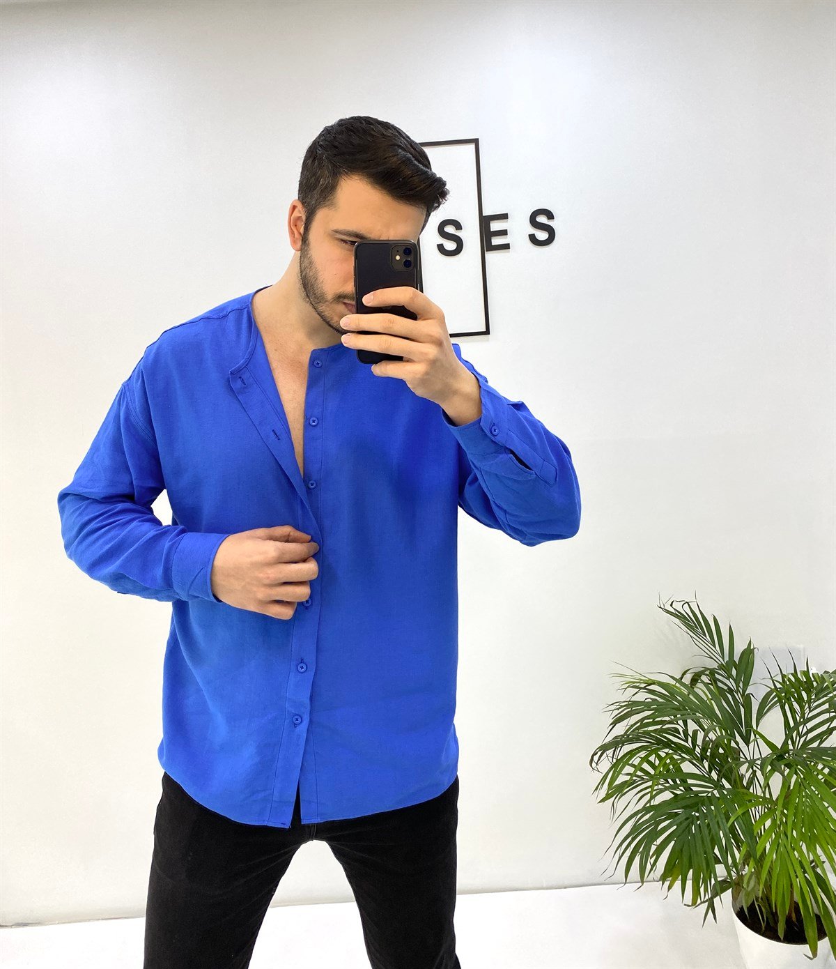 Sıfır Yaka Saks Oversize Keten Gömlek 