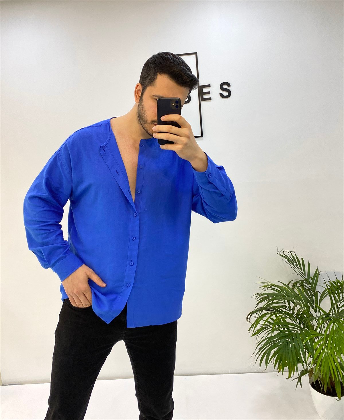 Sıfır Yaka Saks Oversize Keten Gömlek 