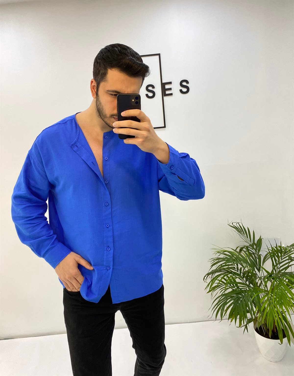 Sıfır Yaka Saks Oversize Keten Gömlek 