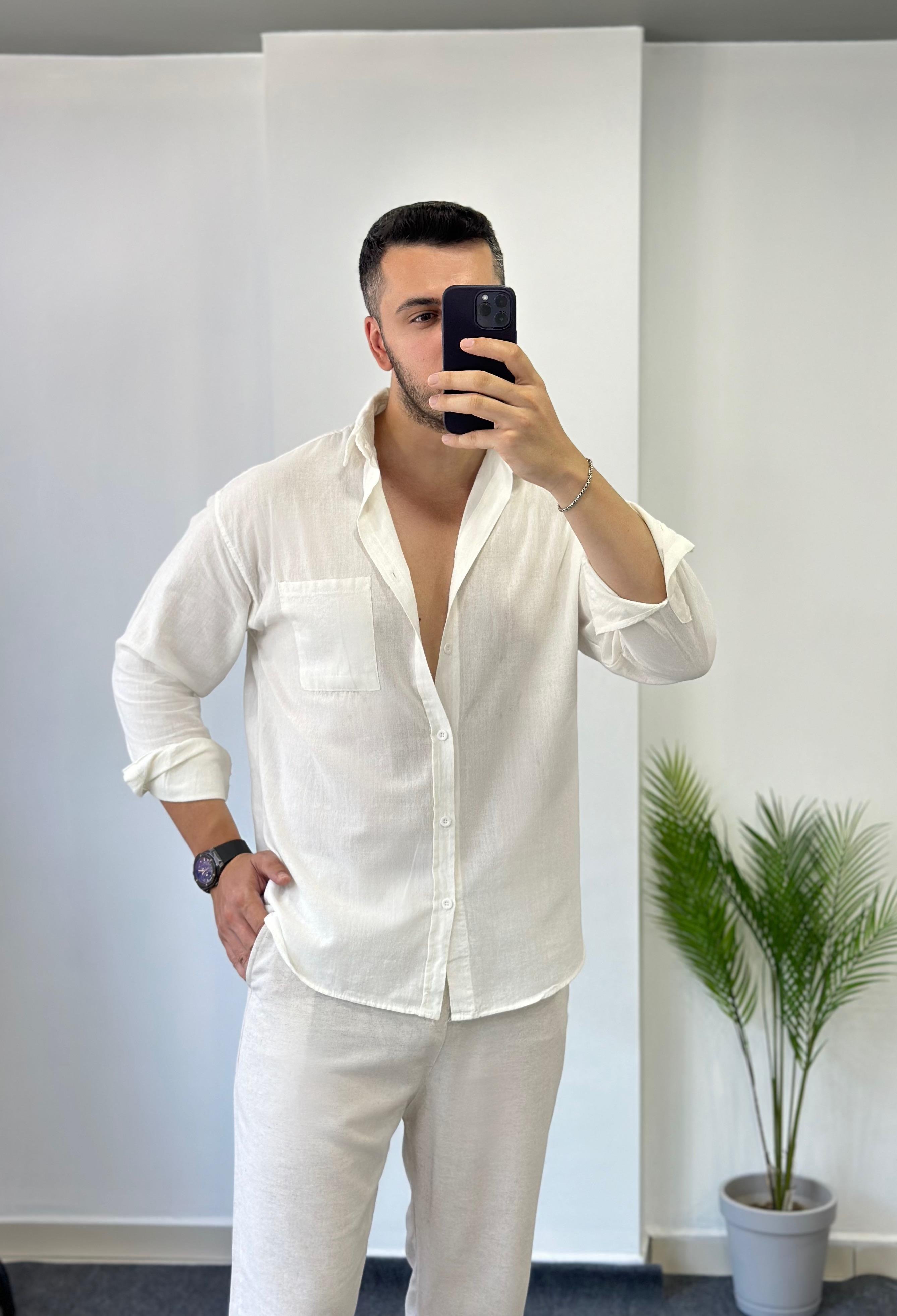Şile Cepli Beyaz Oversize Keten Gömlek