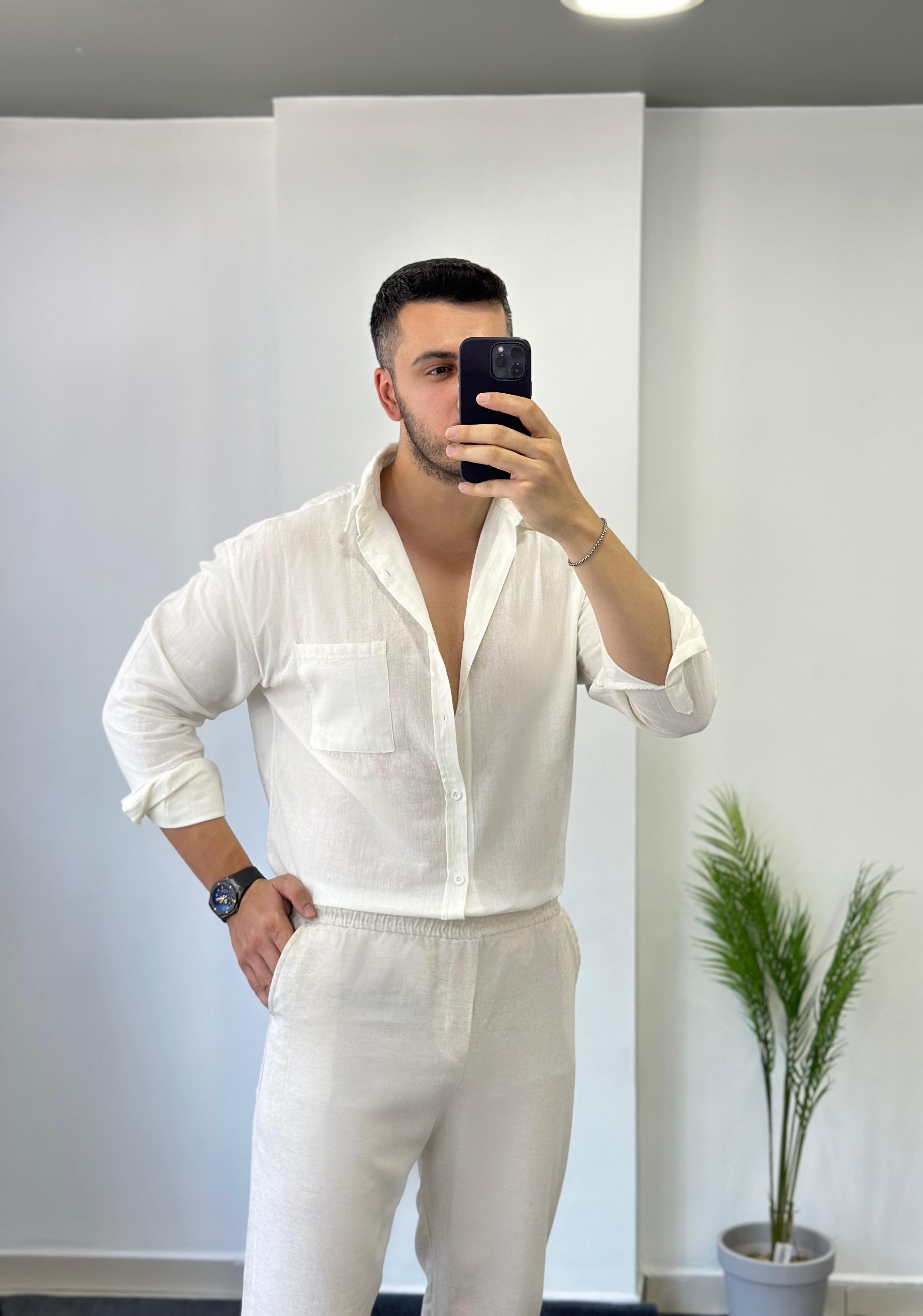 Şile Cepli Beyaz Oversize Keten Gömlek