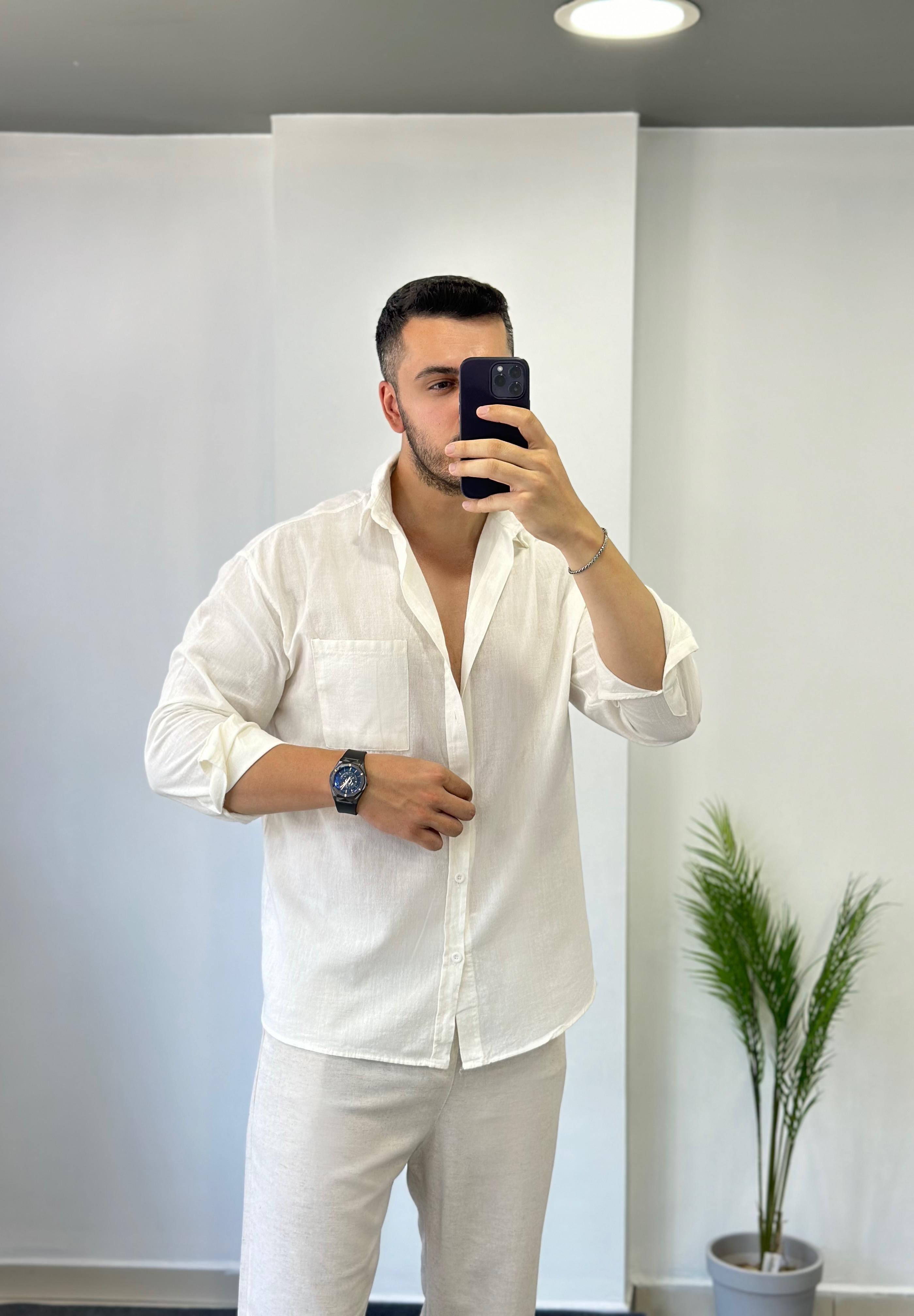 Şile Cepli Beyaz Oversize Keten Gömlek