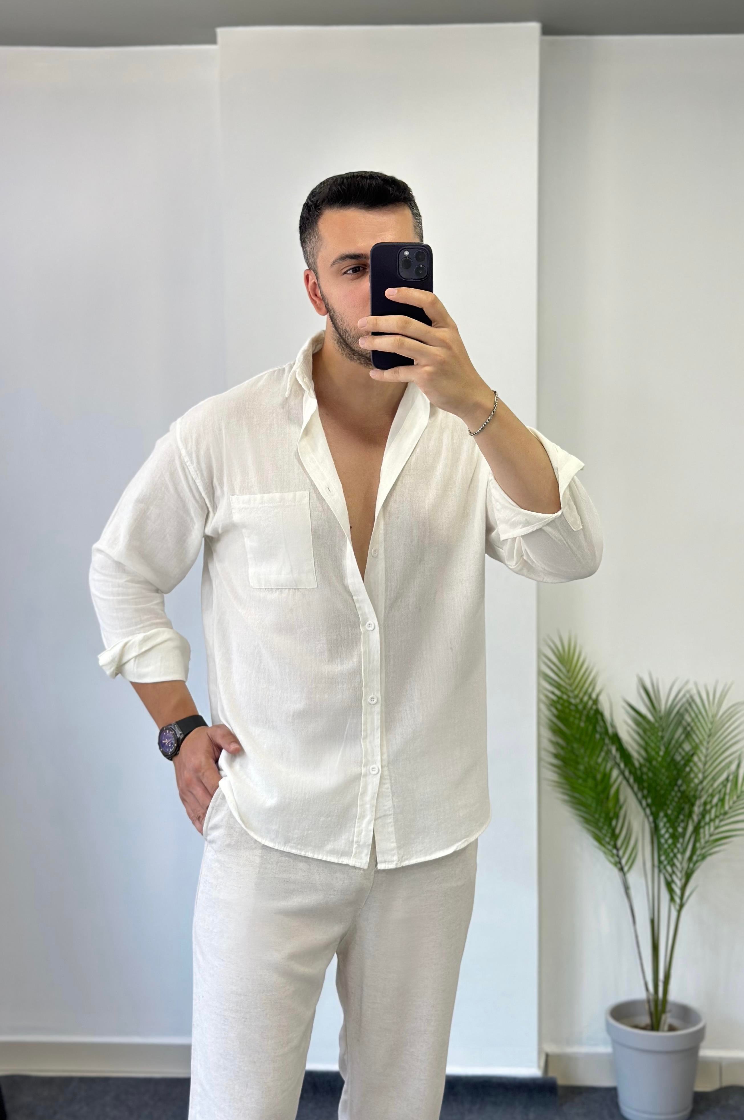 Şile Cepli Beyaz Oversize Keten Gömlek