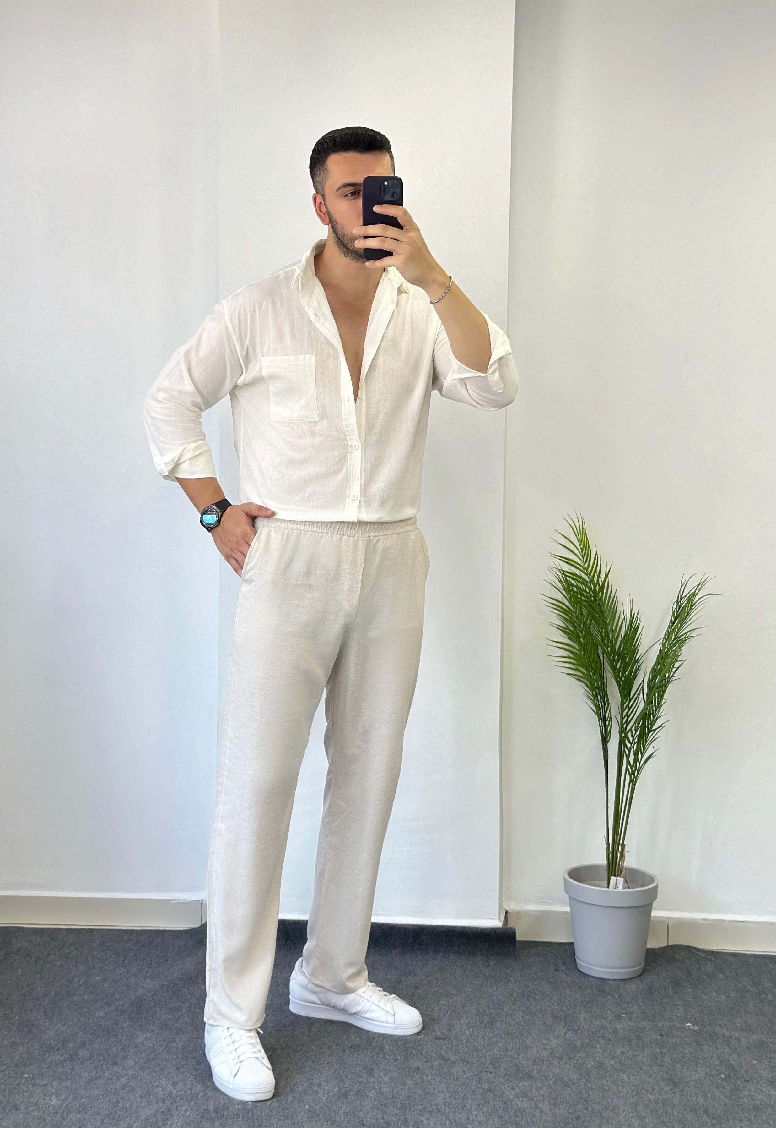 Şile Cepli Beyaz Oversize Keten Gömlek
