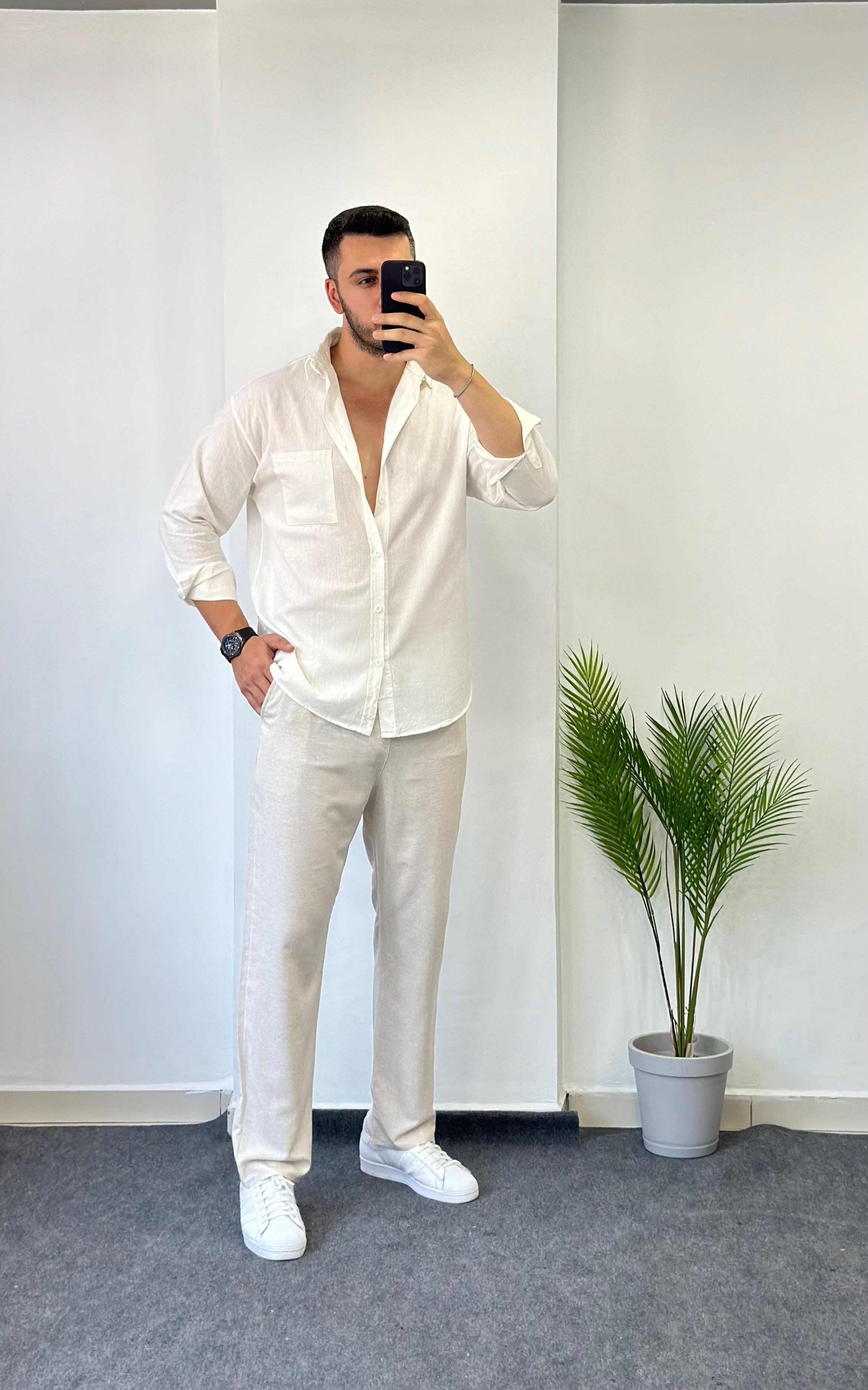 Şile Cepli Beyaz Oversize Keten Gömlek