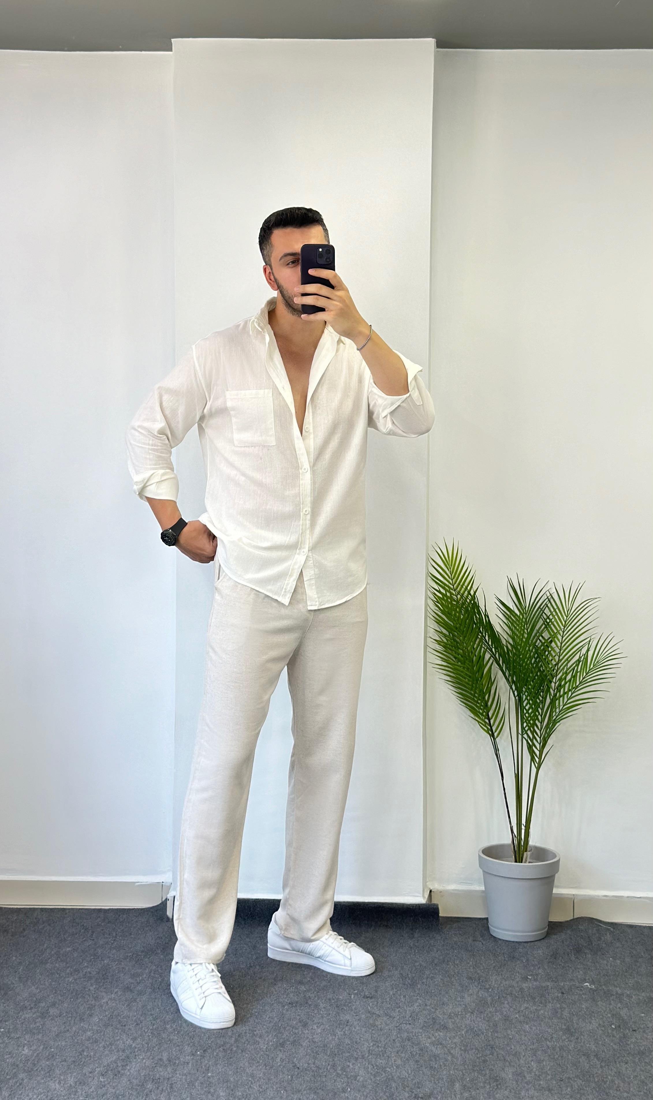 Şile Cepli Beyaz Oversize Keten Gömlek