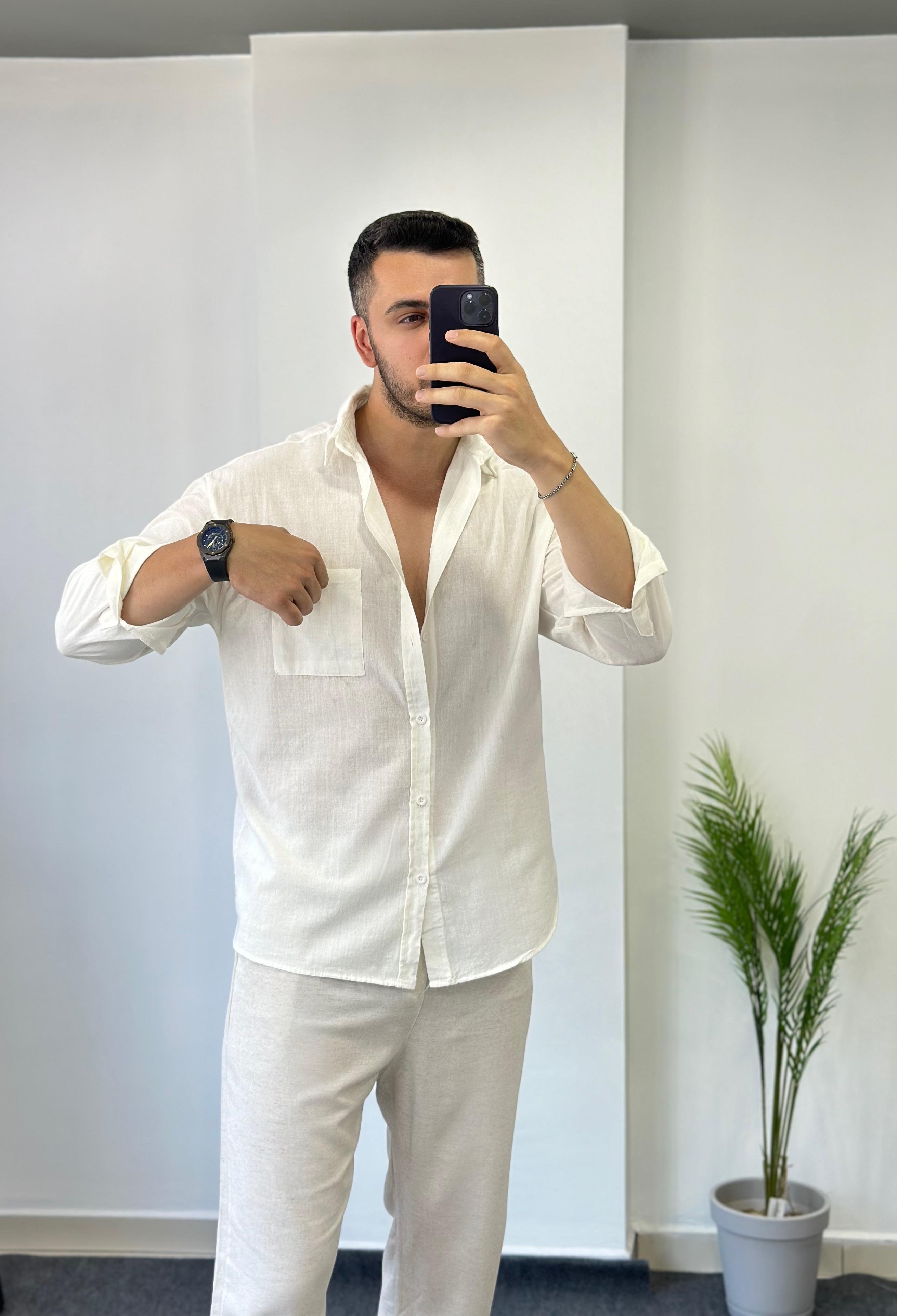 Şile Cepli Beyaz Oversize Keten Gömlek