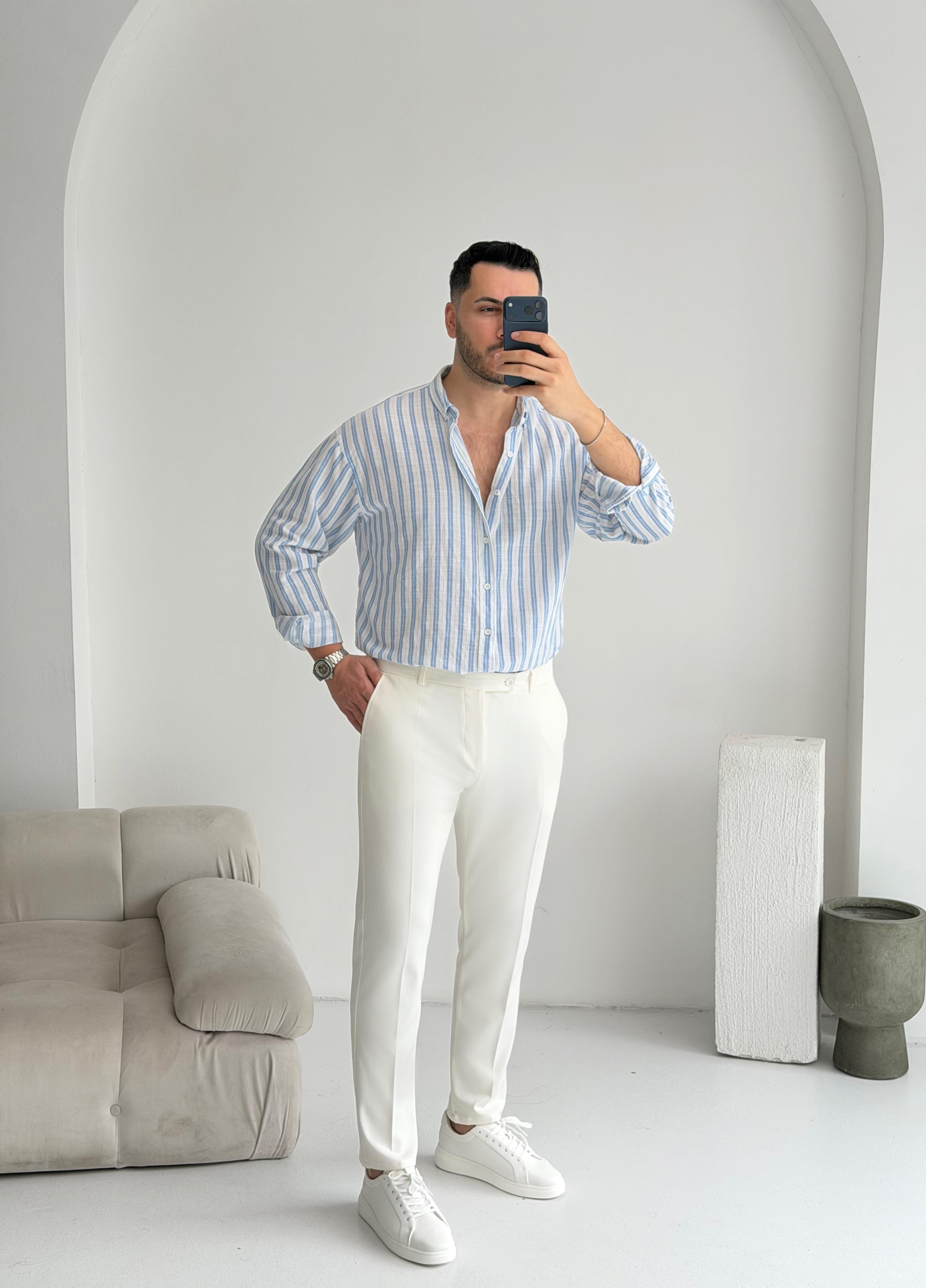 Silver Keten Açık Mavi Çizgili Oversize Gömlek