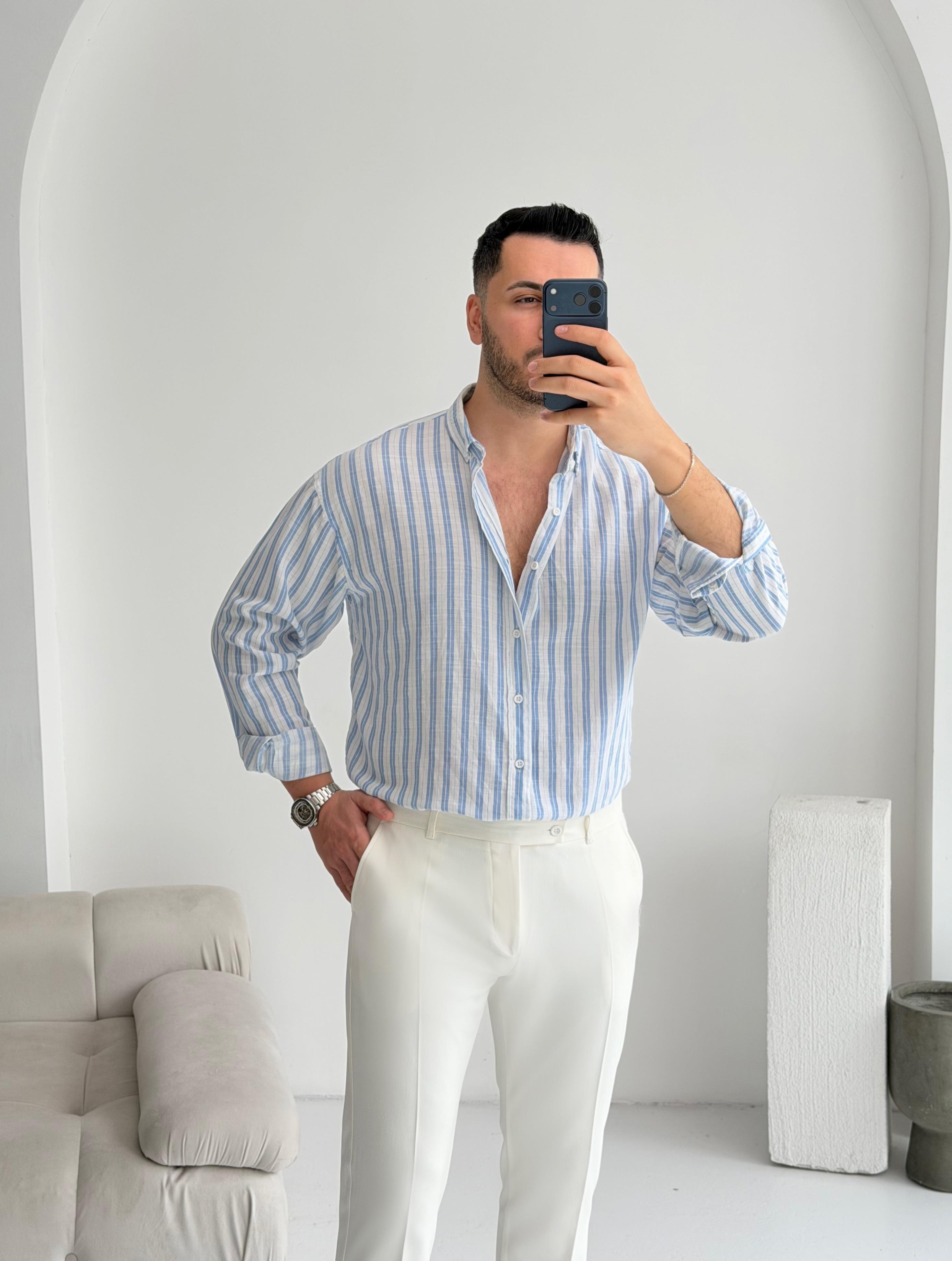 Silver Keten Açık Mavi Çizgili Oversize Gömlek