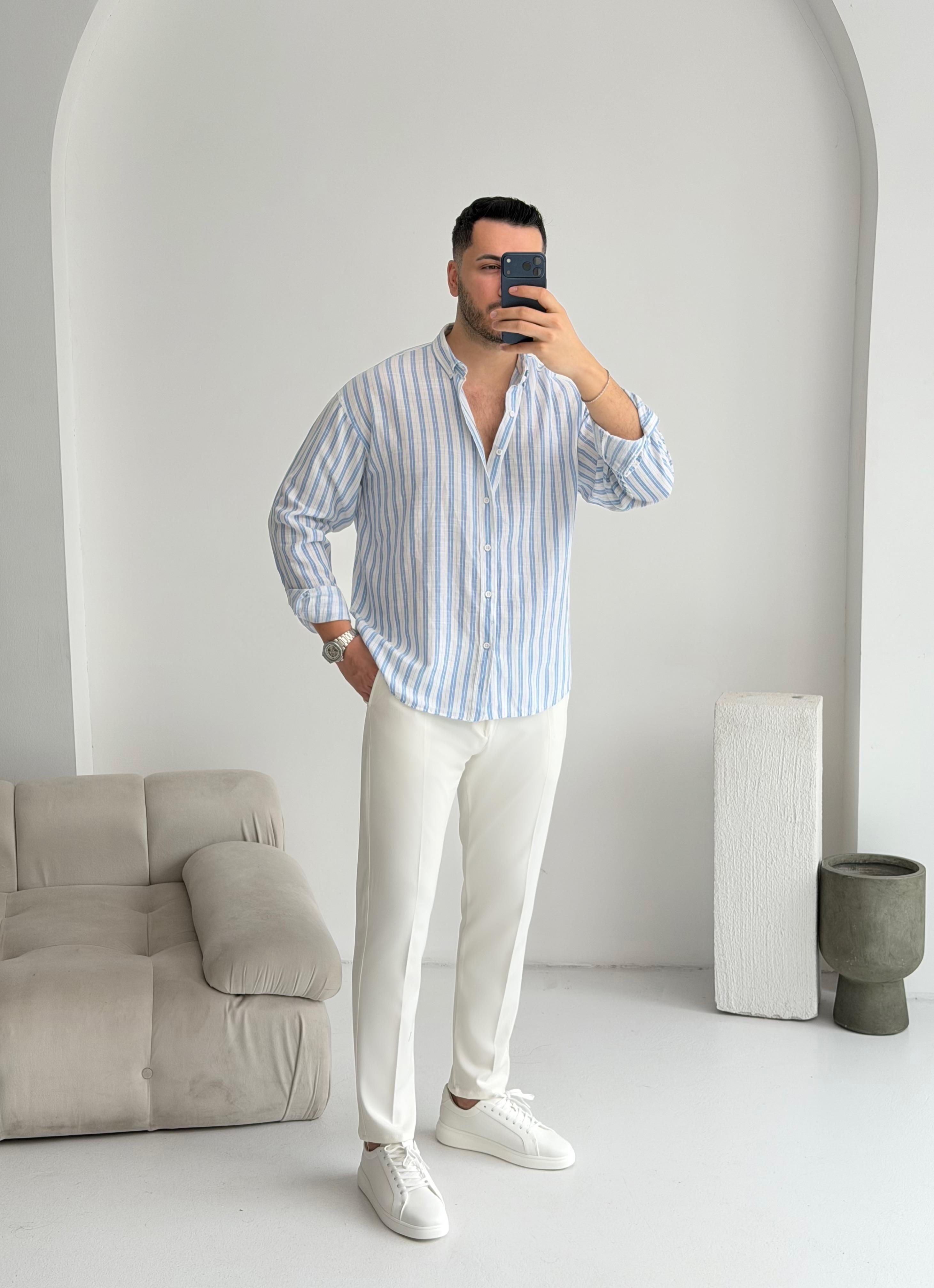 Silver Keten Açık Mavi Çizgili Oversize Gömlek