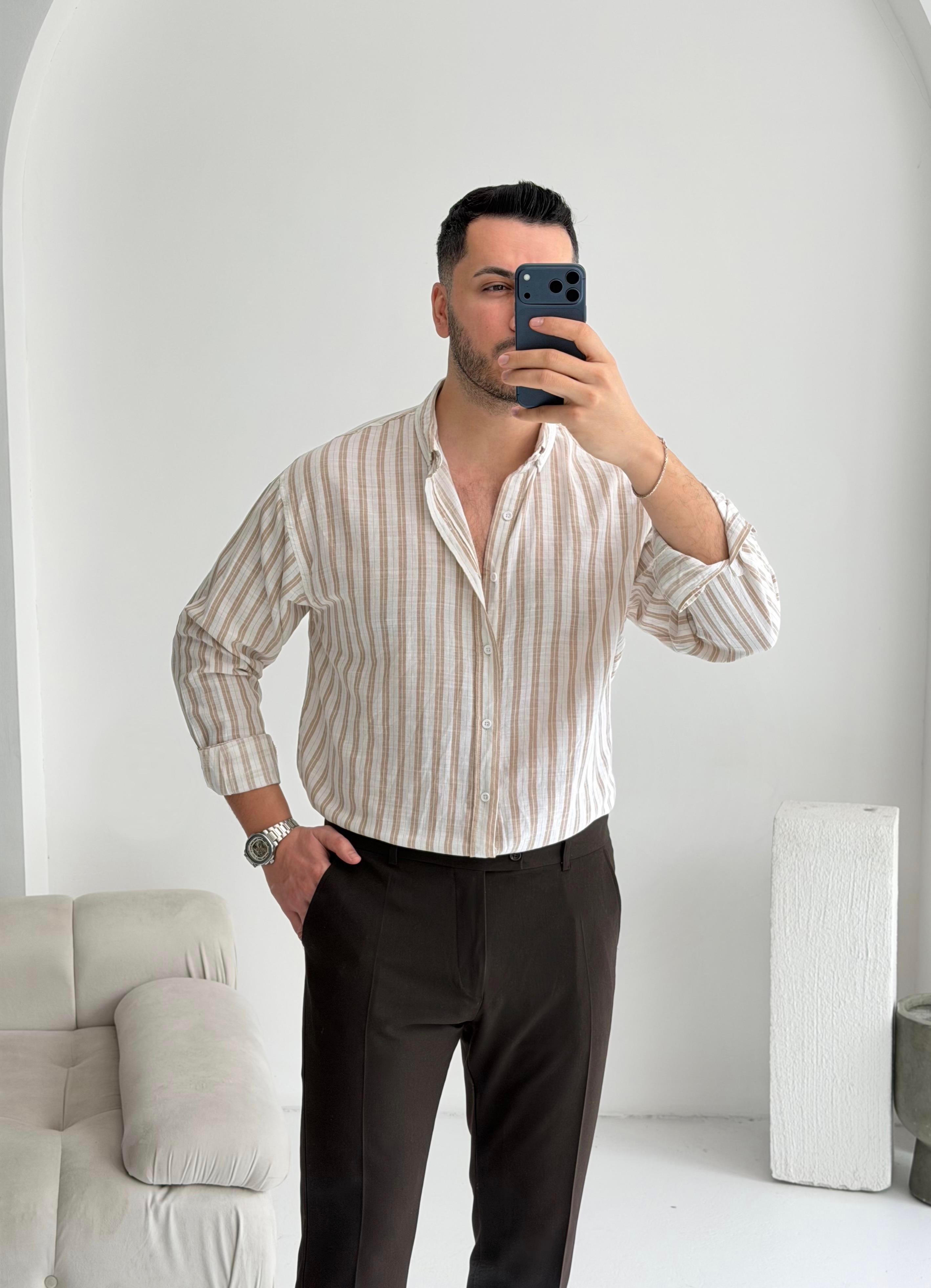 Silver Keten Kahve Çizgili Oversize Gömlek