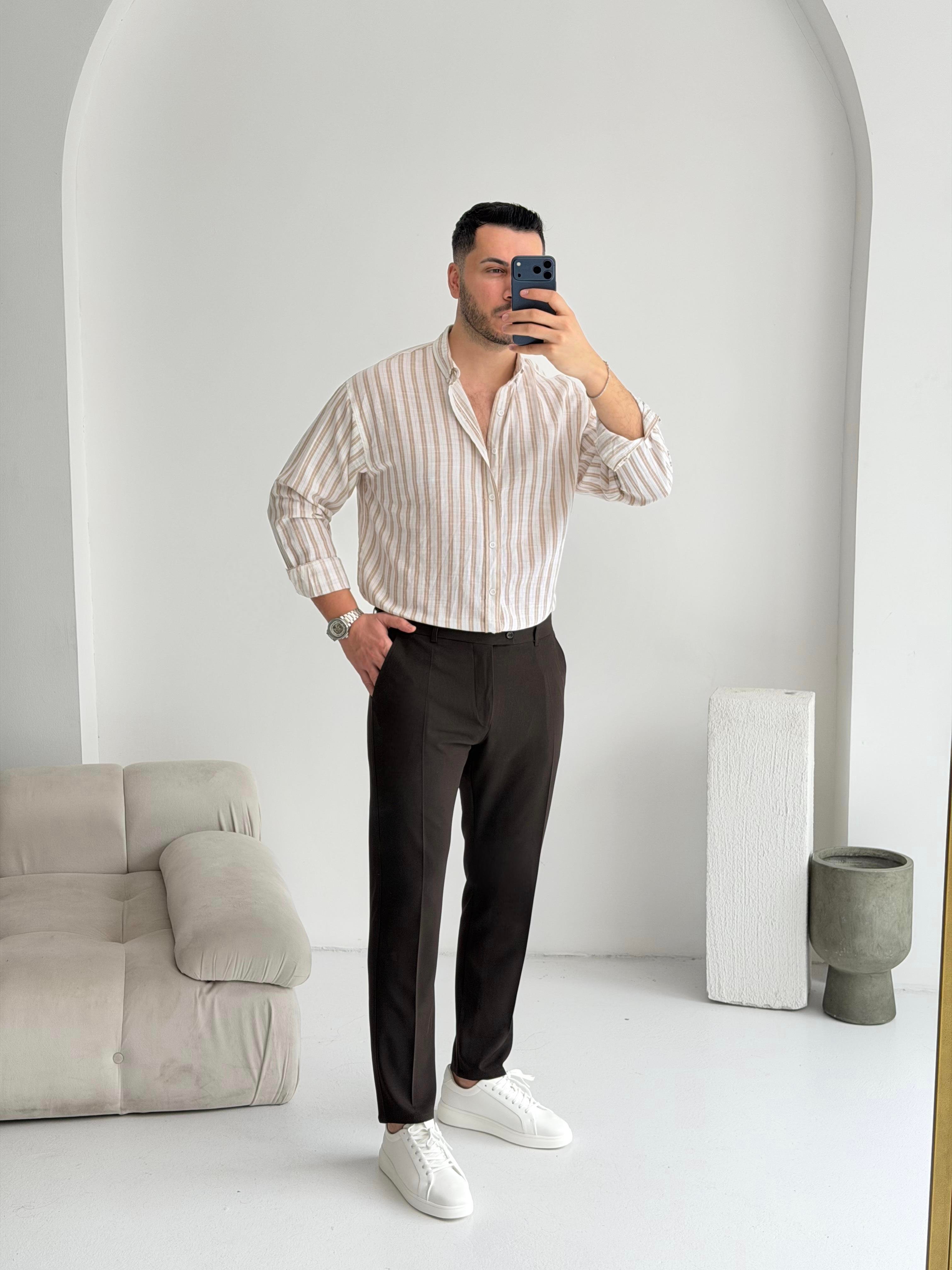 Silver Keten Kahve Çizgili Oversize Gömlek