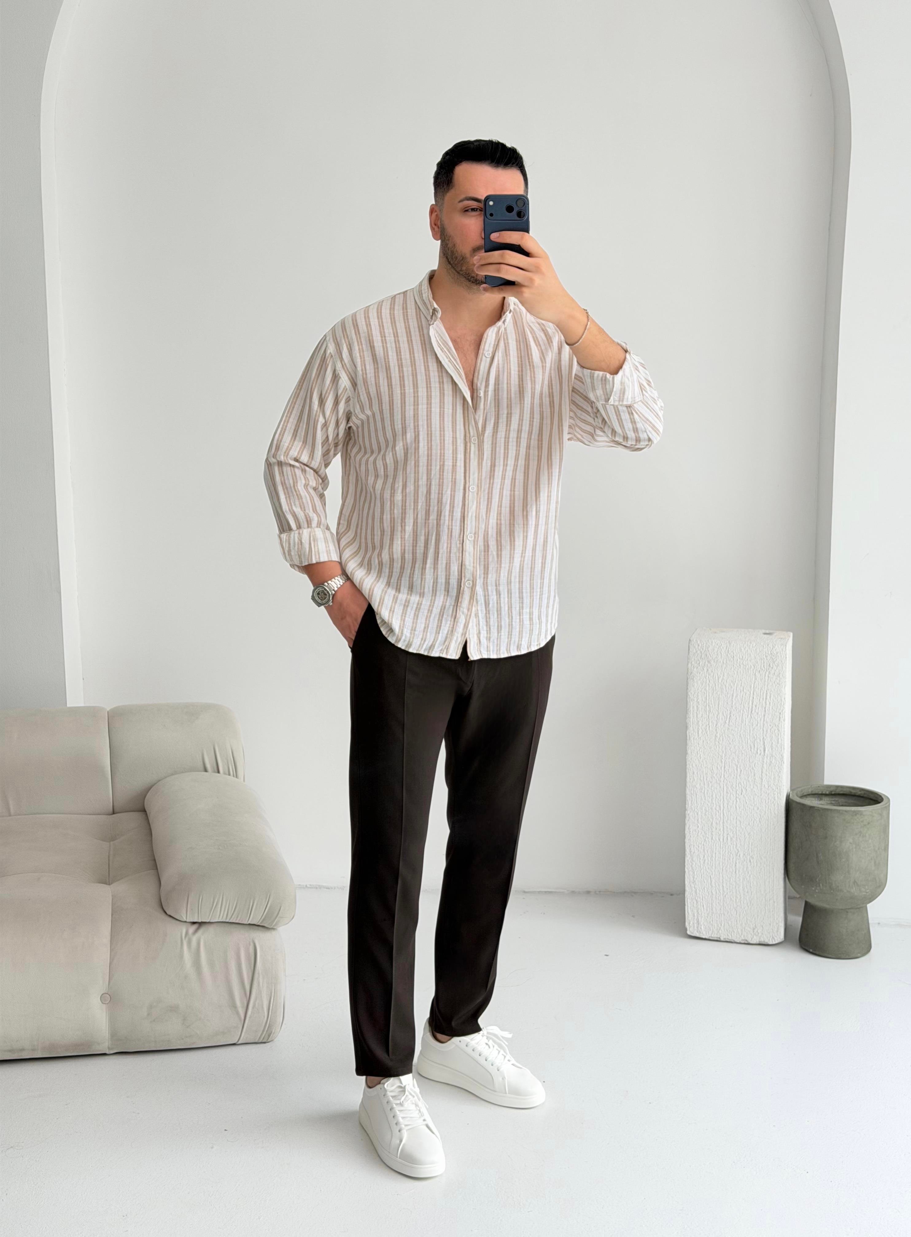 Silver Keten Kahve Çizgili Oversize Gömlek