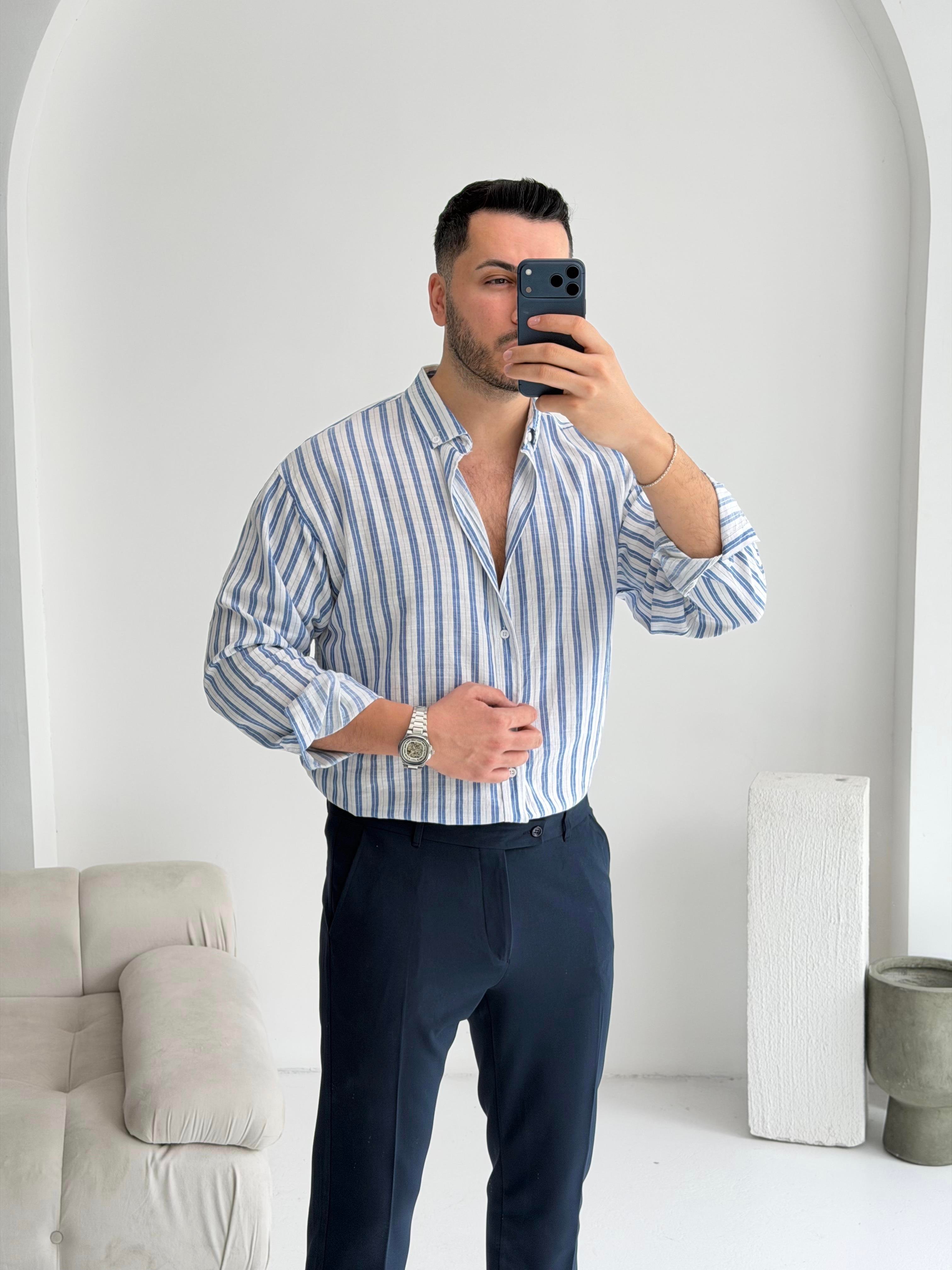 Silver Keten Lacivert Çizgili Oversize Gömlek