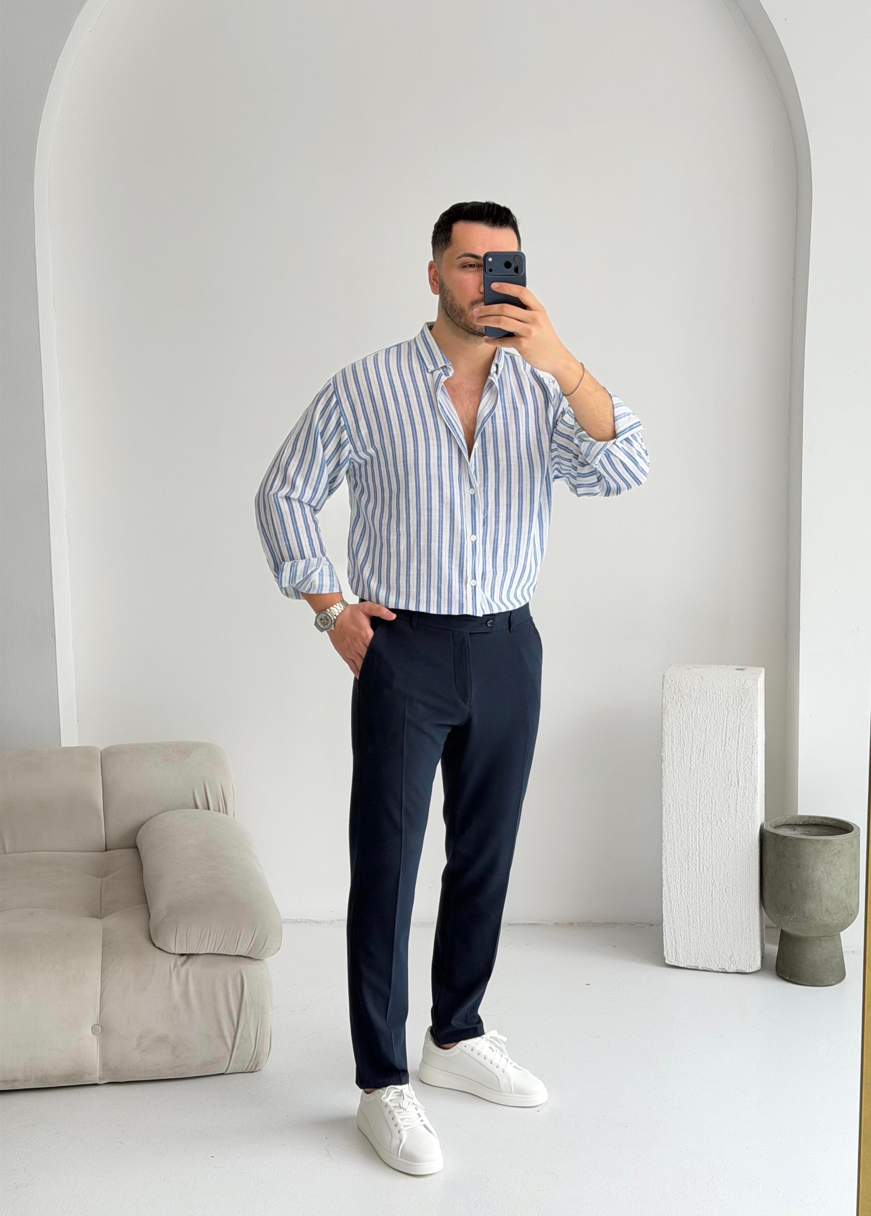 Silver Keten Lacivert Çizgili Oversize Gömlek