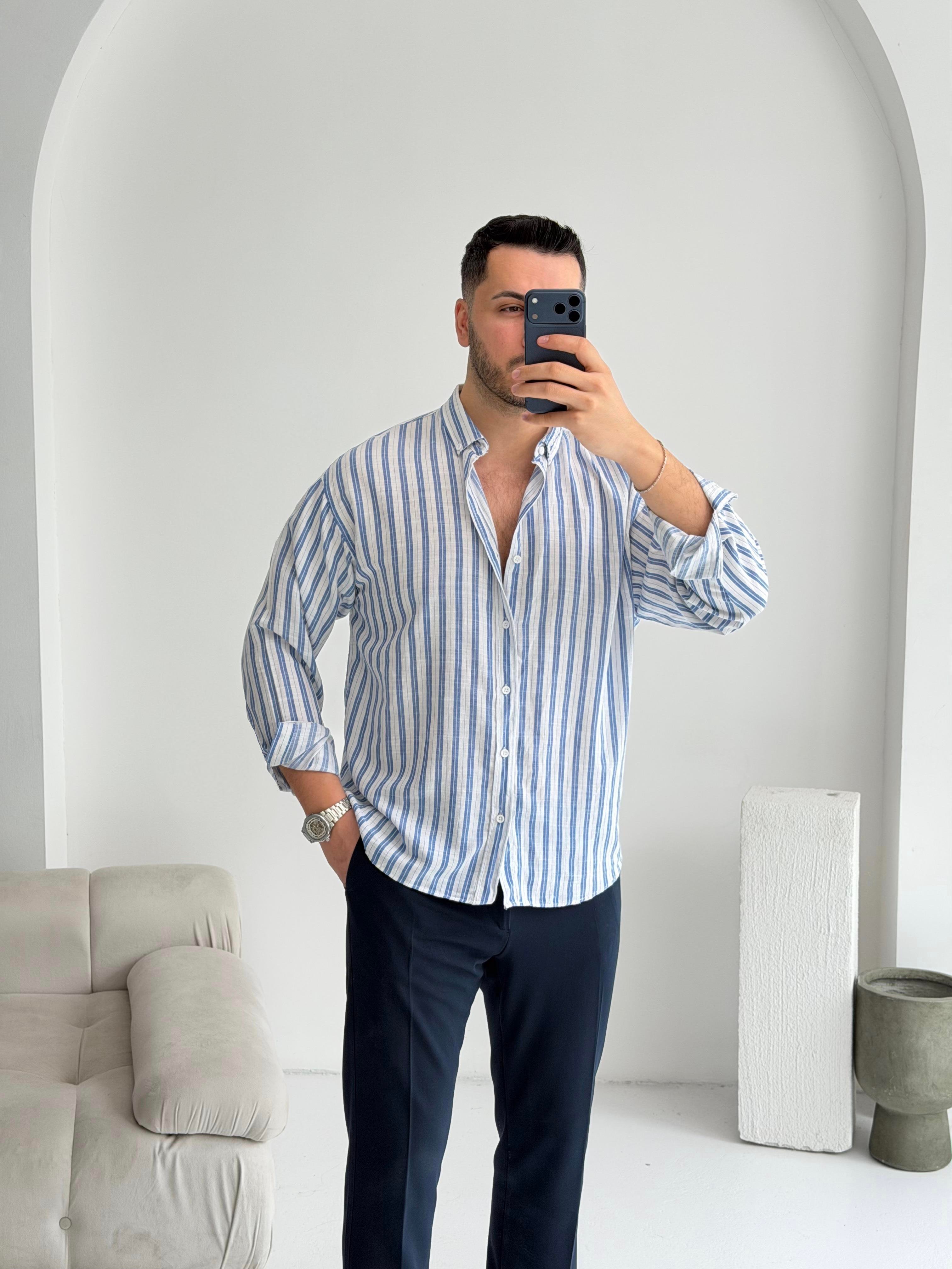 Silver Keten Lacivert Çizgili Oversize Gömlek