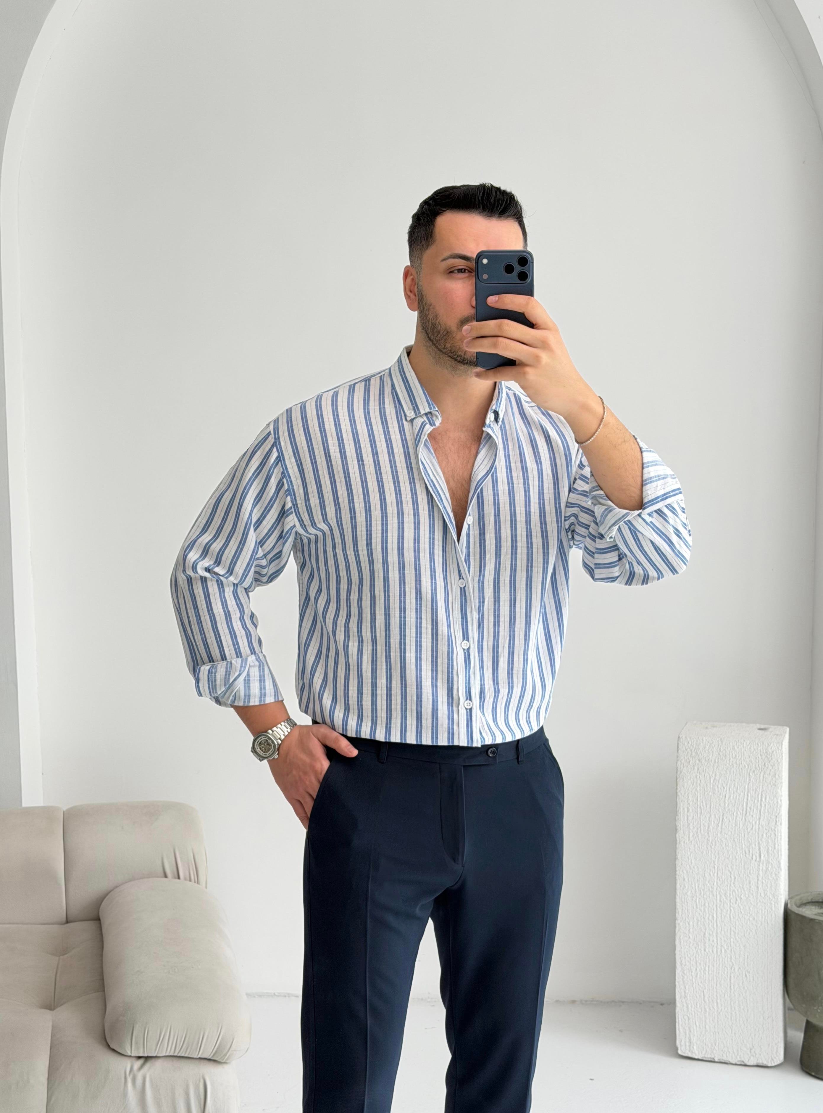 Silver Keten Lacivert Çizgili Oversize Gömlek