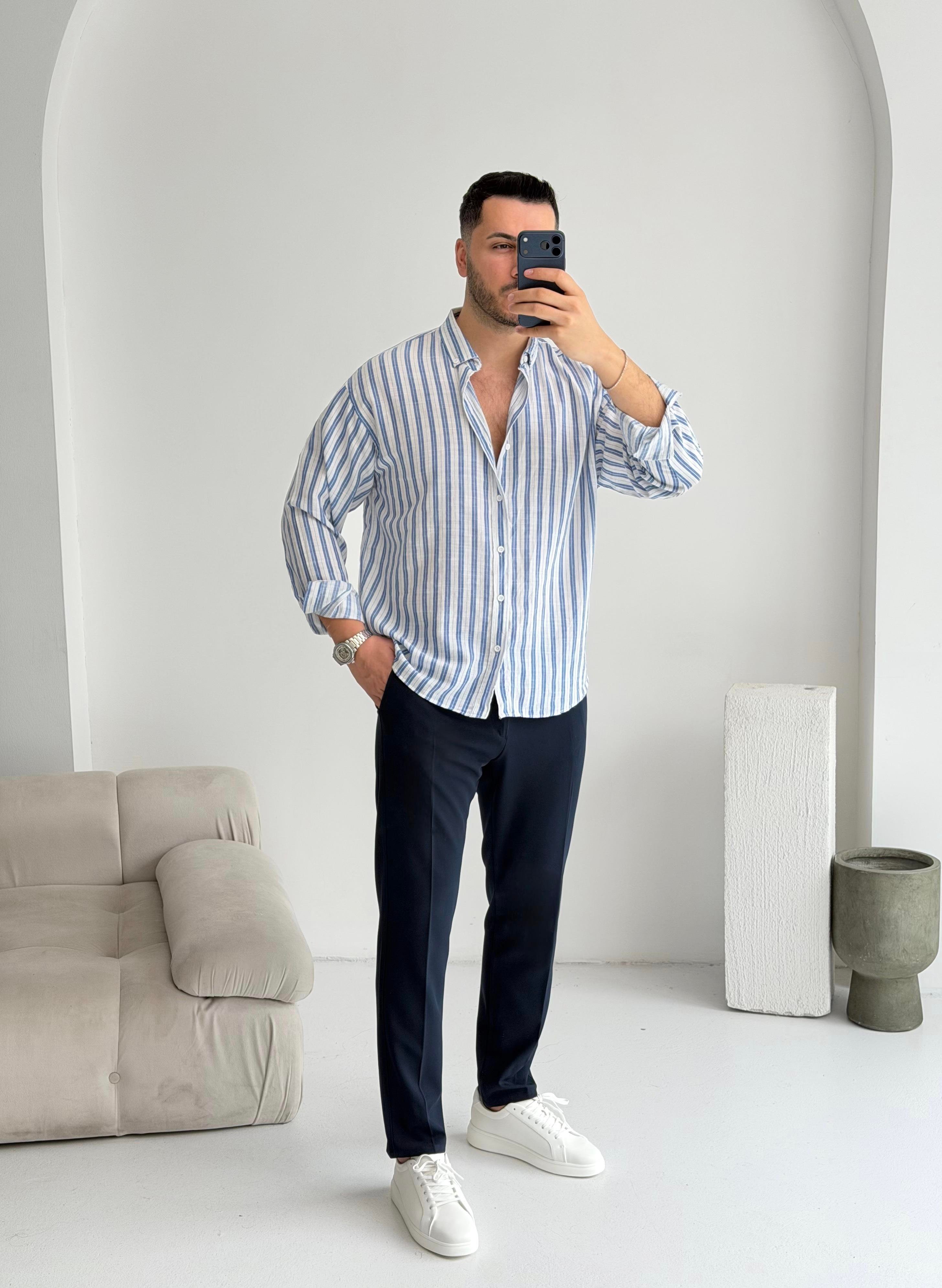 Silver Keten Lacivert Çizgili Oversize Gömlek