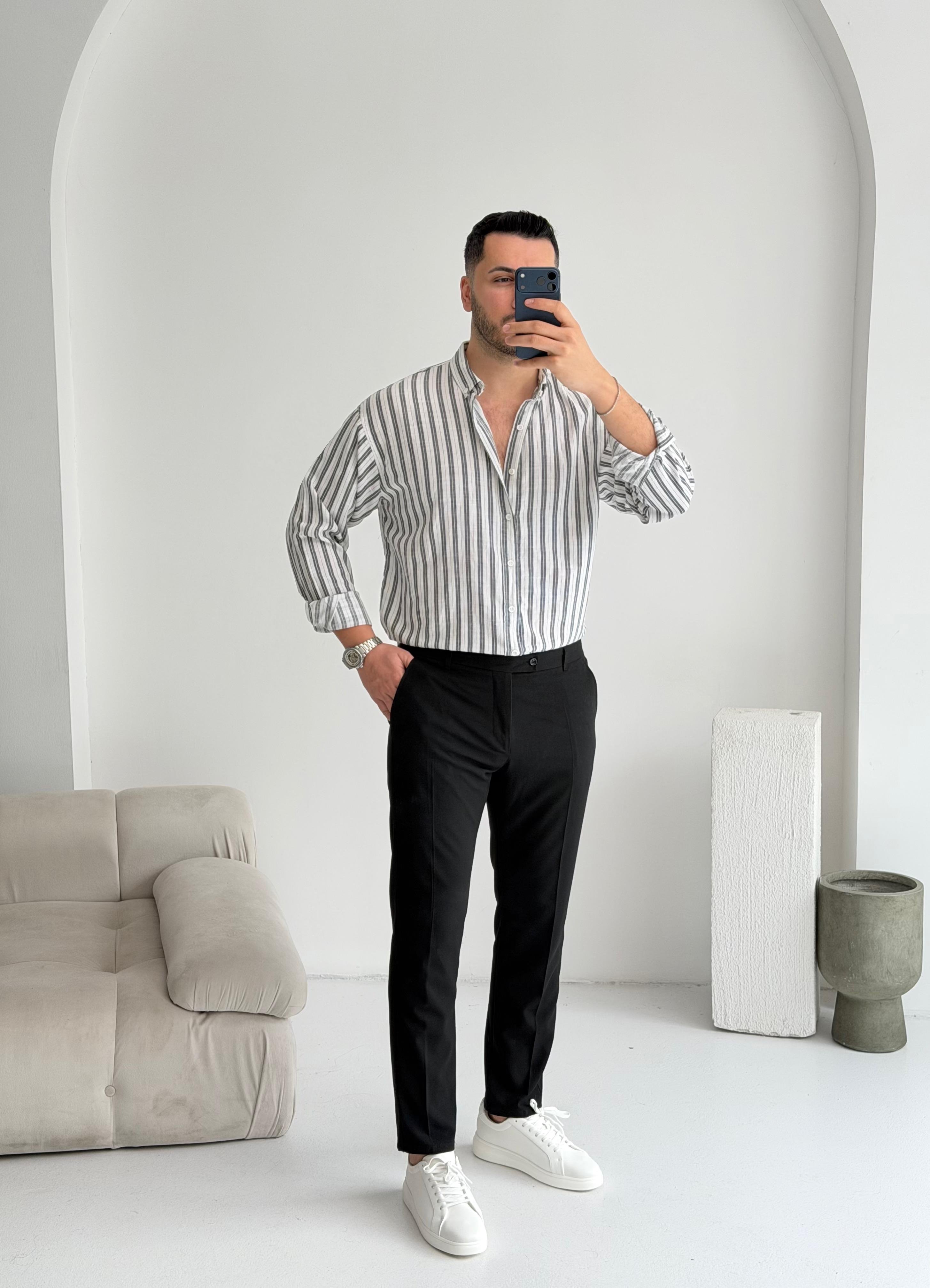 Silver Keten Siyah Çizgili Oversize Gömlek