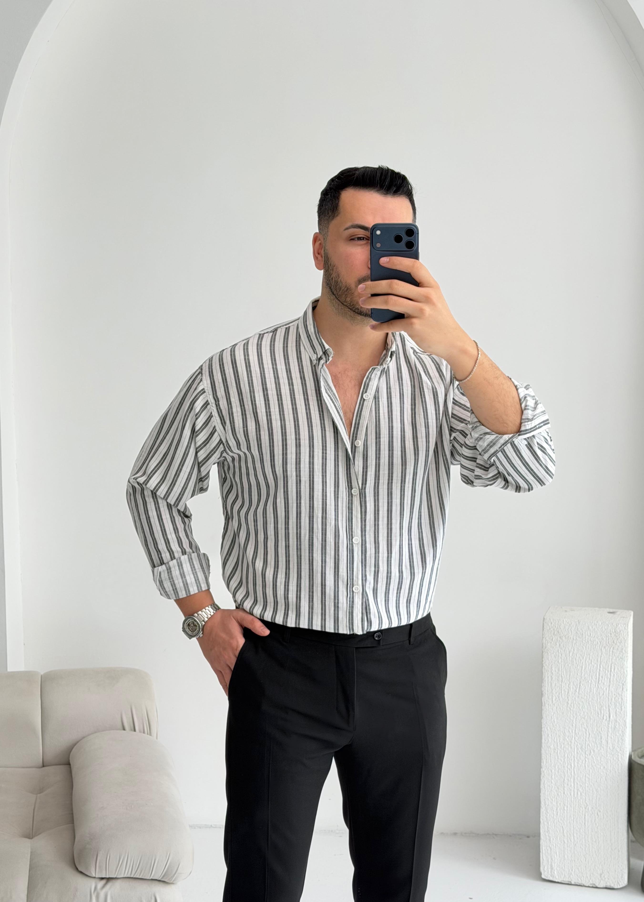 Silver Keten Siyah Çizgili Oversize Gömlek