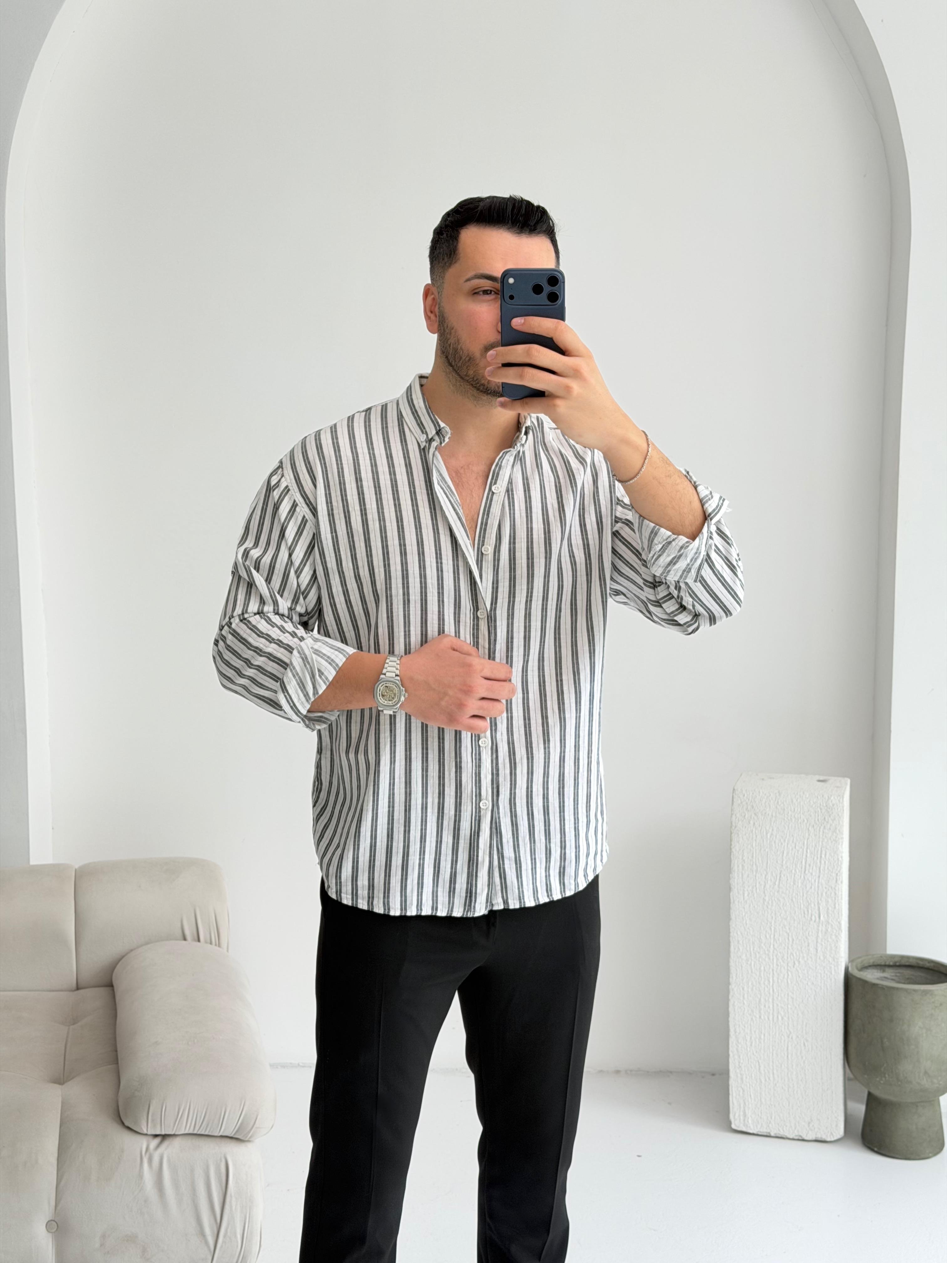 Silver Keten Siyah Çizgili Oversize Gömlek