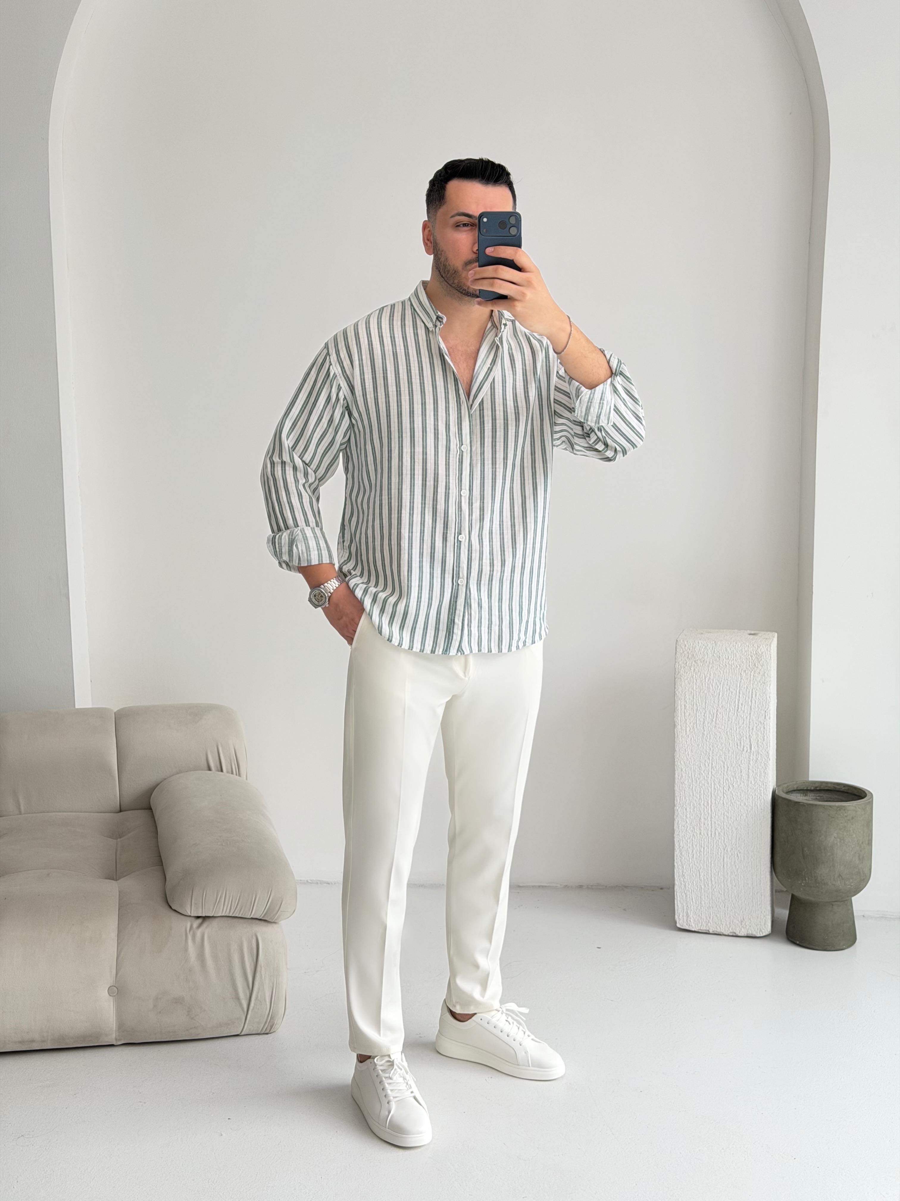 Silver Keten Yeşil Çizgili Oversize Gömlek
