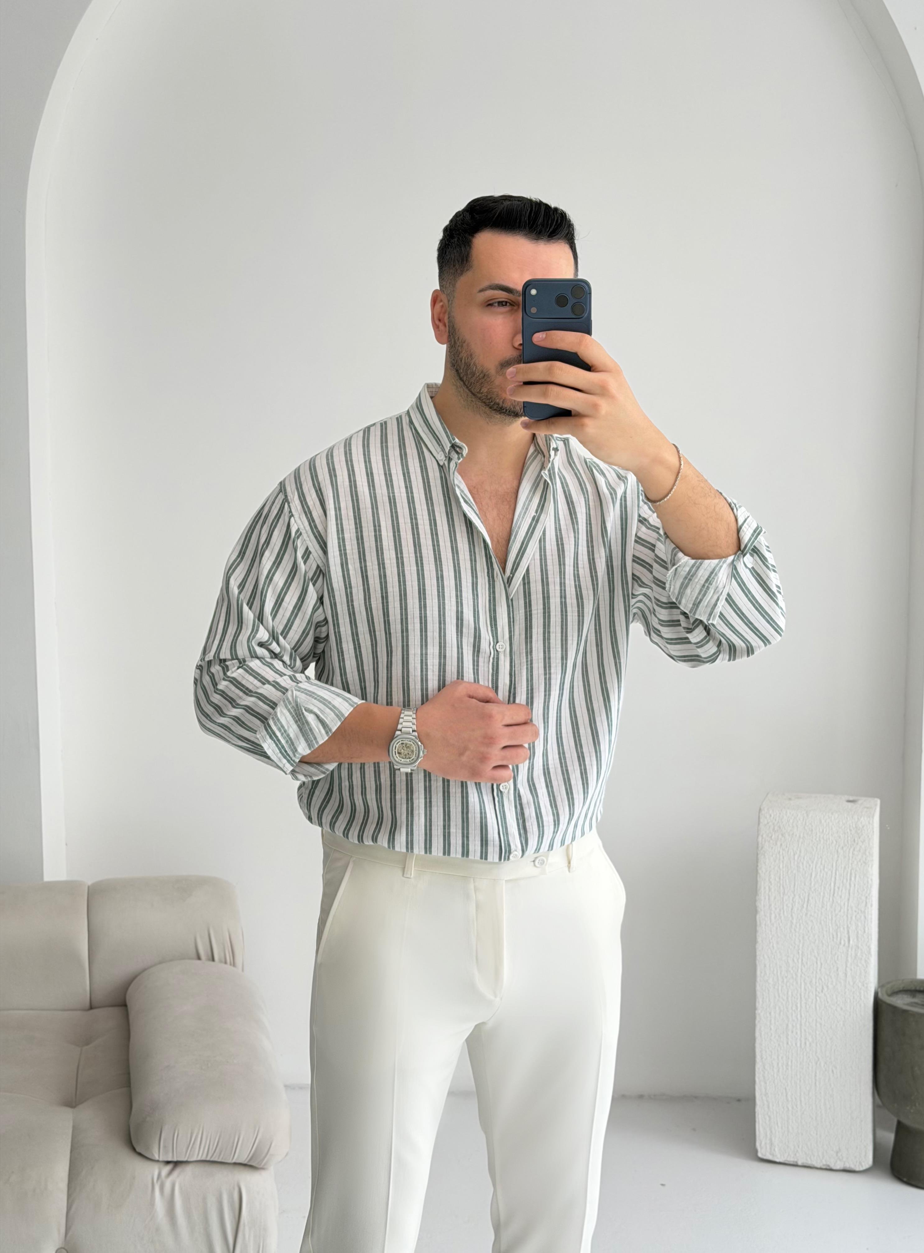 Silver Keten Yeşil Çizgili Oversize Gömlek