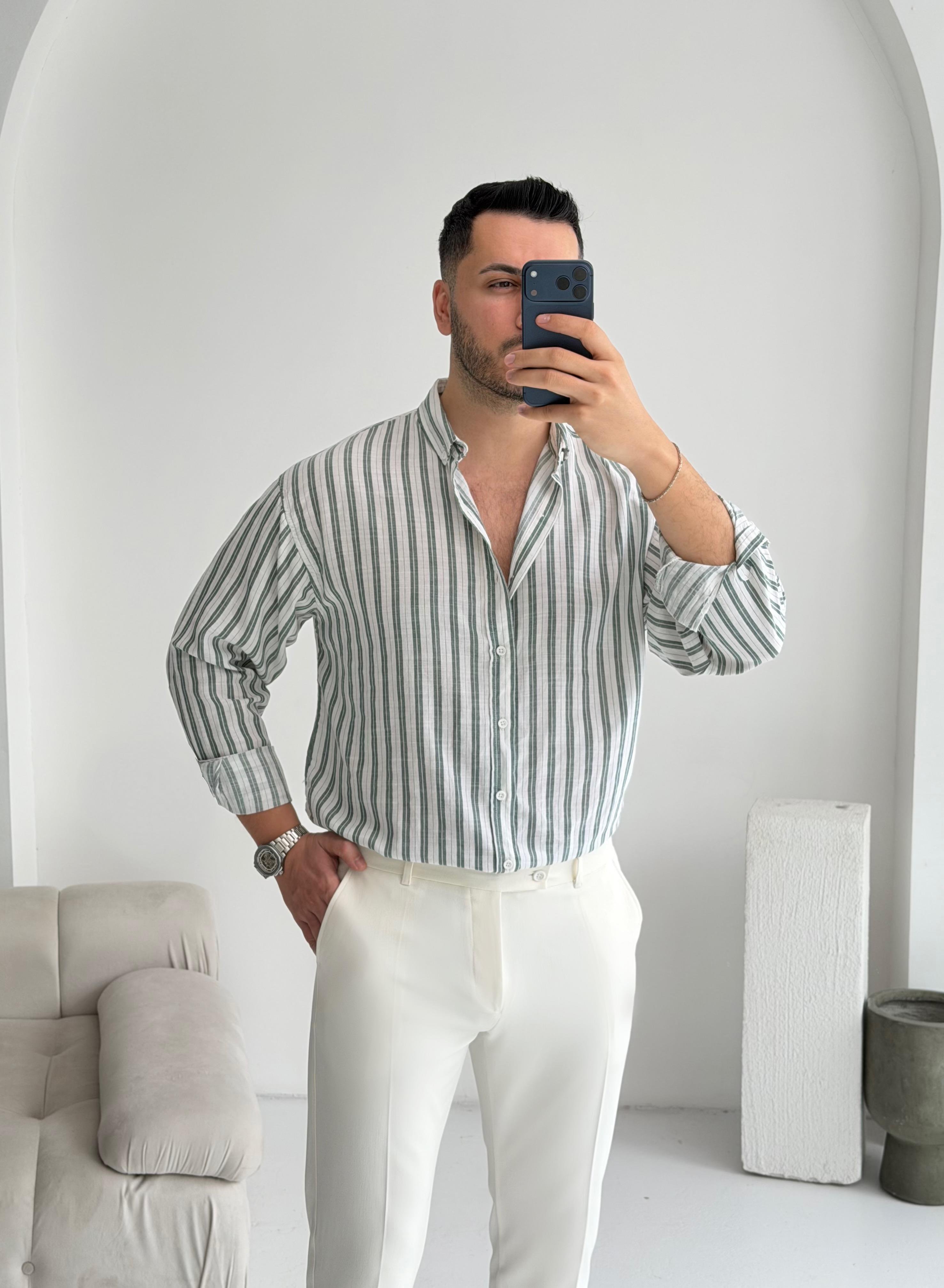 Silver Keten Yeşil Çizgili Oversize Gömlek